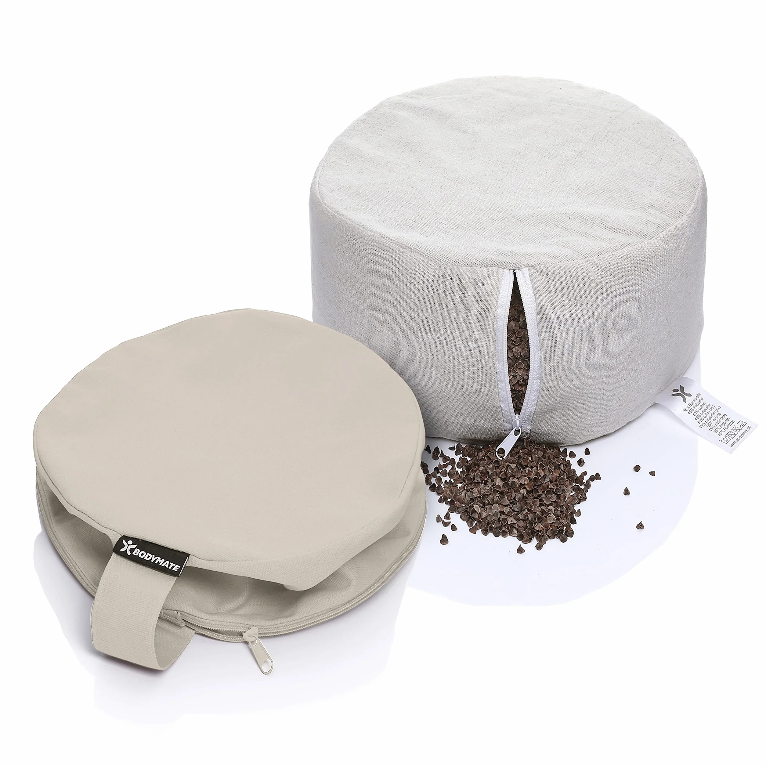 BODYMATE Cojín de yoga redondo de 31 cm de diámetro, 16 cm de alto, color beige con relleno de piel de trigo sarraceno, funda lavable a máquina, 100% algodón extragrueso, cojín de meditación, cojín de