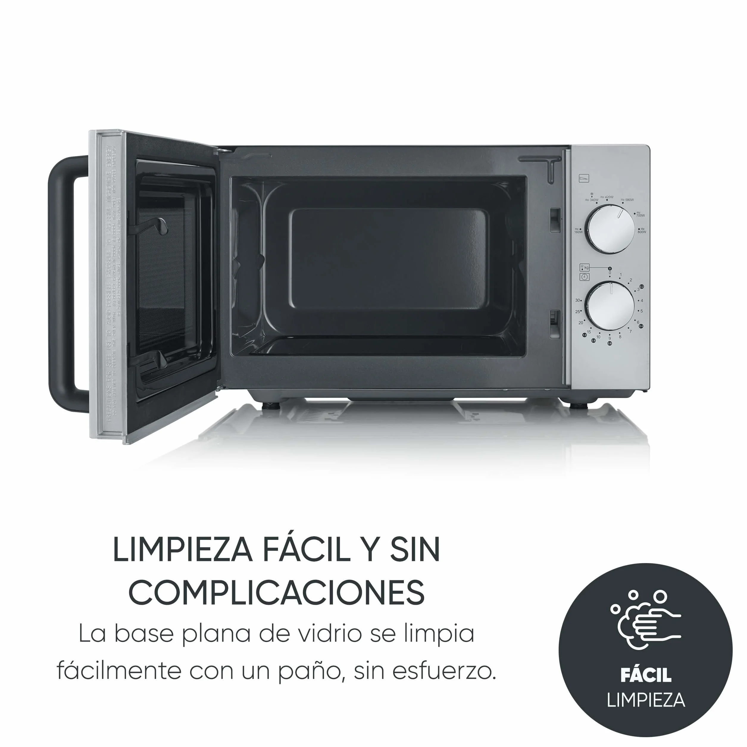 SEVERIN Microondas Flatbed 20 l, 800 W, interior plano, sin plato giratorio, calentamiento uniforme, 6 niveles de potencia, 2 mandos de control manual, negro mate, acero inoxidable, MW 9184