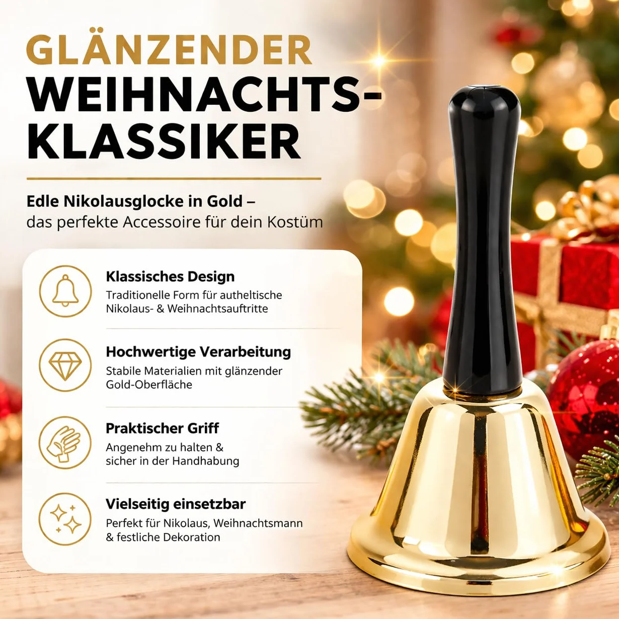 TK Gruppe Timo Klingler Campana de Navidad de Papá Noel, Dorada, Accesorio para Disfraz (1 Unidad)