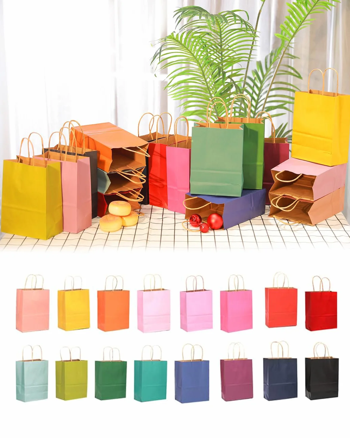 Gcardist 32 bolsas medianas de papel kraft con asas, 27 x 21 x 11 cm, 16 colores, multiuso (tamaño mediano, 7,6 x 4,75 x 10,5 pulgadas)