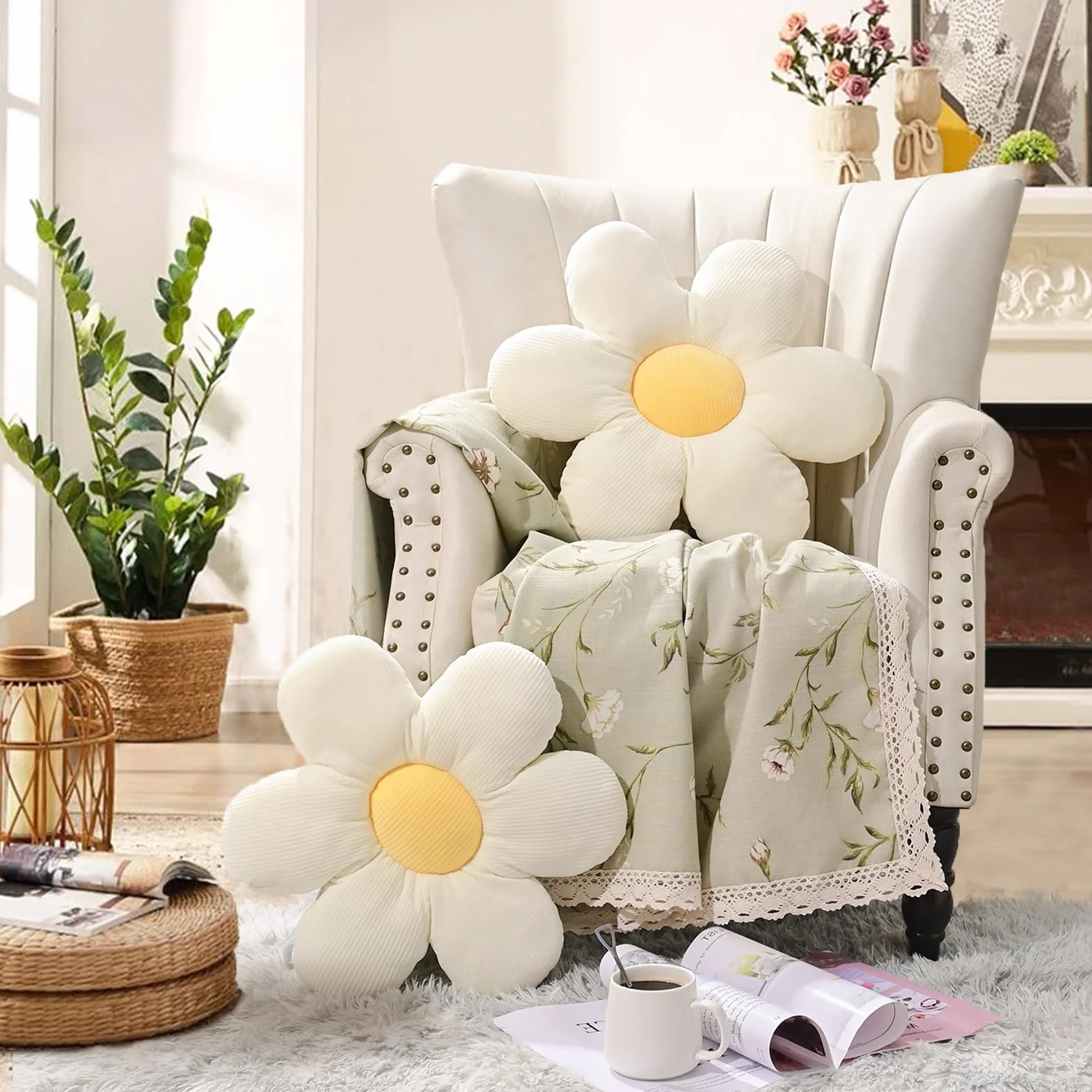 Cojín Flor Blanco 48 cm, Cojín de Suelo Estético para Habitación, Decoración Dormitorio