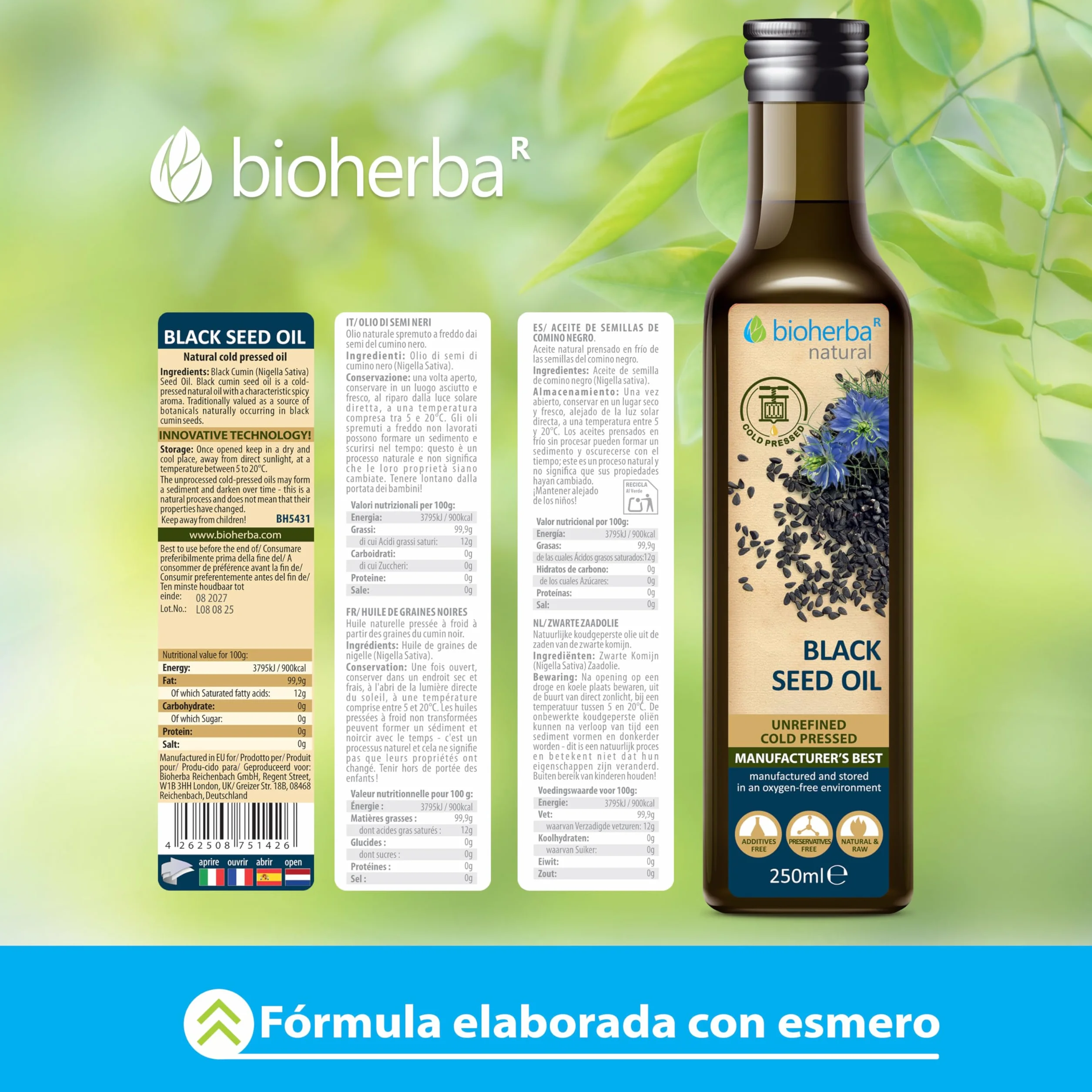 BIOHERBA Aceite de semillas de Nigella Sativa 250 ml cold pressed prensado en frío puro vidrio