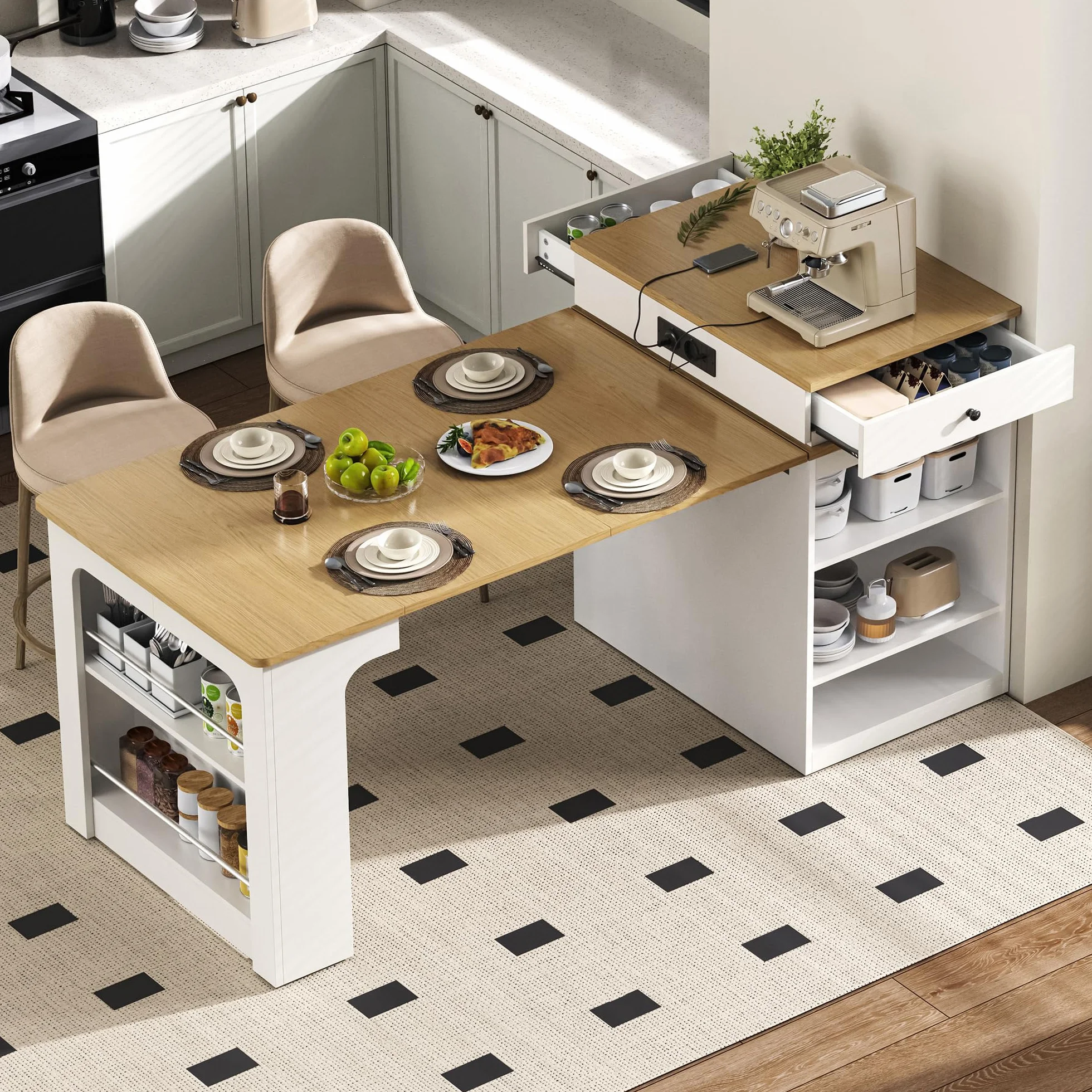 Isla de cocina móvil 80 x 71-151 cm con mesa extensible y enchufes, carrito de cocina con ruedas, mesa de bar, aparador, color blanco/natural, para pequeñas cocinas, comedores y oficinas en