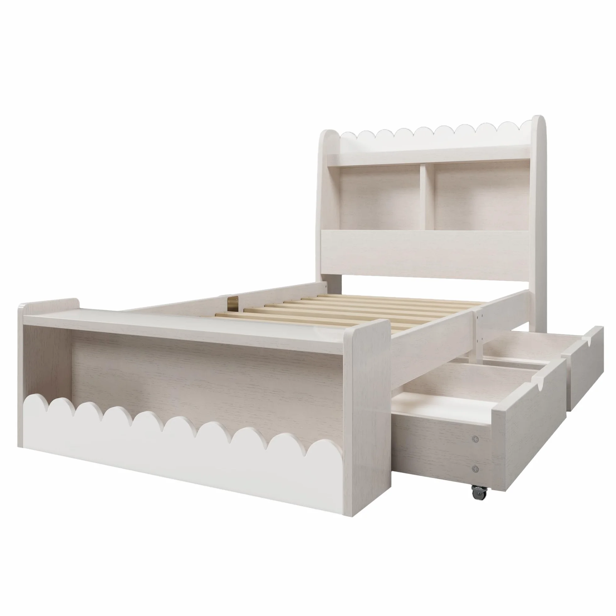Cama individual de 90 x 190 cm, con cajones, estantería y banco con almacenamiento, cama de madera, marco de cama y somier de madera, color blanco con color roble (sin colchón)
