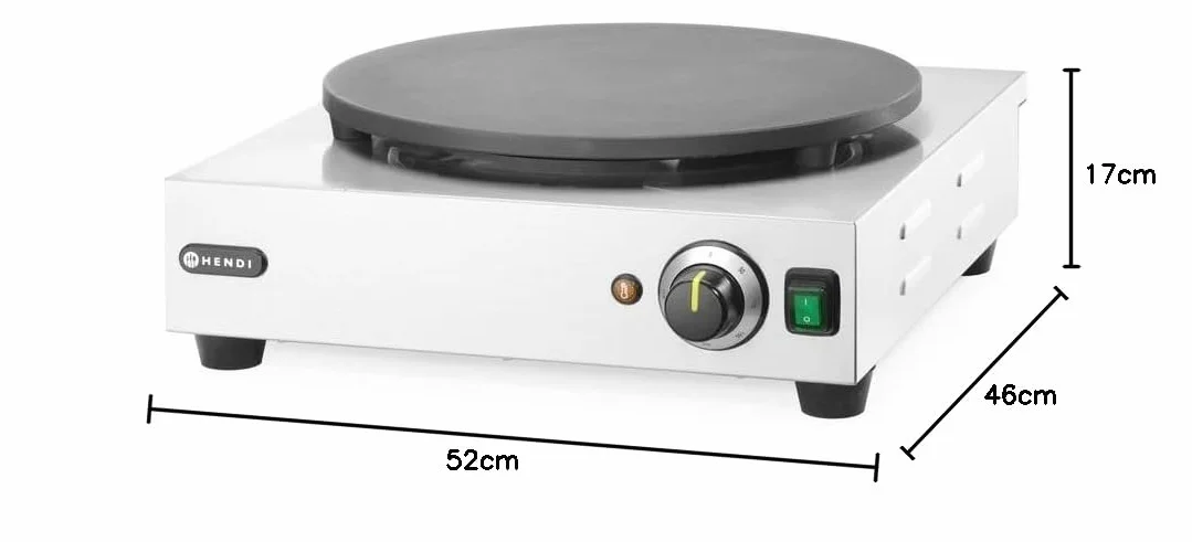 HENDI Crepera eléctrica, con esparcidor de madera,temperatura regulable 50°-250°C, placa de diámetro400mm,de hierro fundido con revestimiento cerámico, 230V, 3000W, 470x509x(H)161mm,acero inoxidable