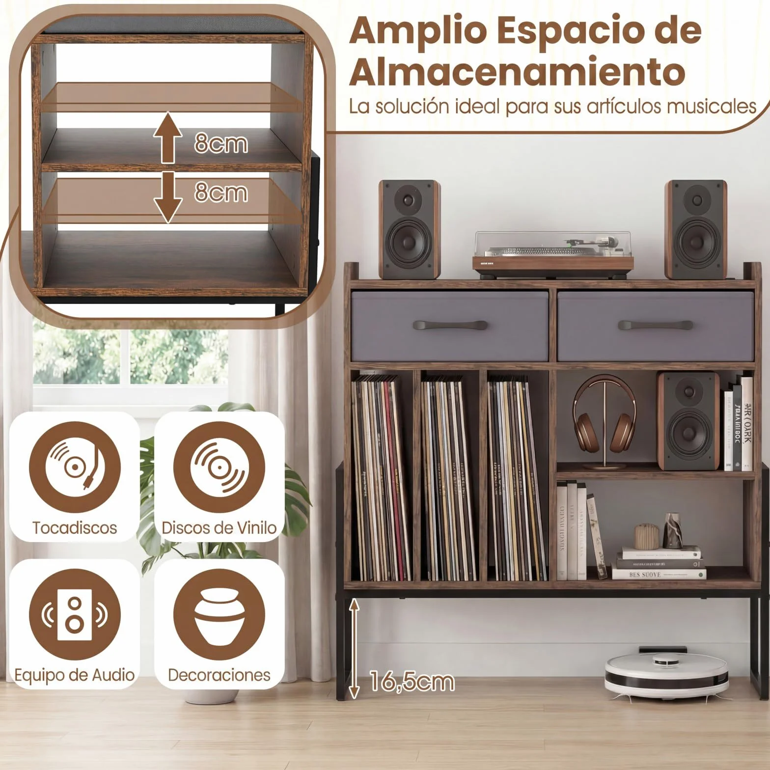 COSTWAY Mueble para Tocadiscos y Vinilos con Estación de Carga, 5 Compartimentos, 76x35,5x68,5 cm