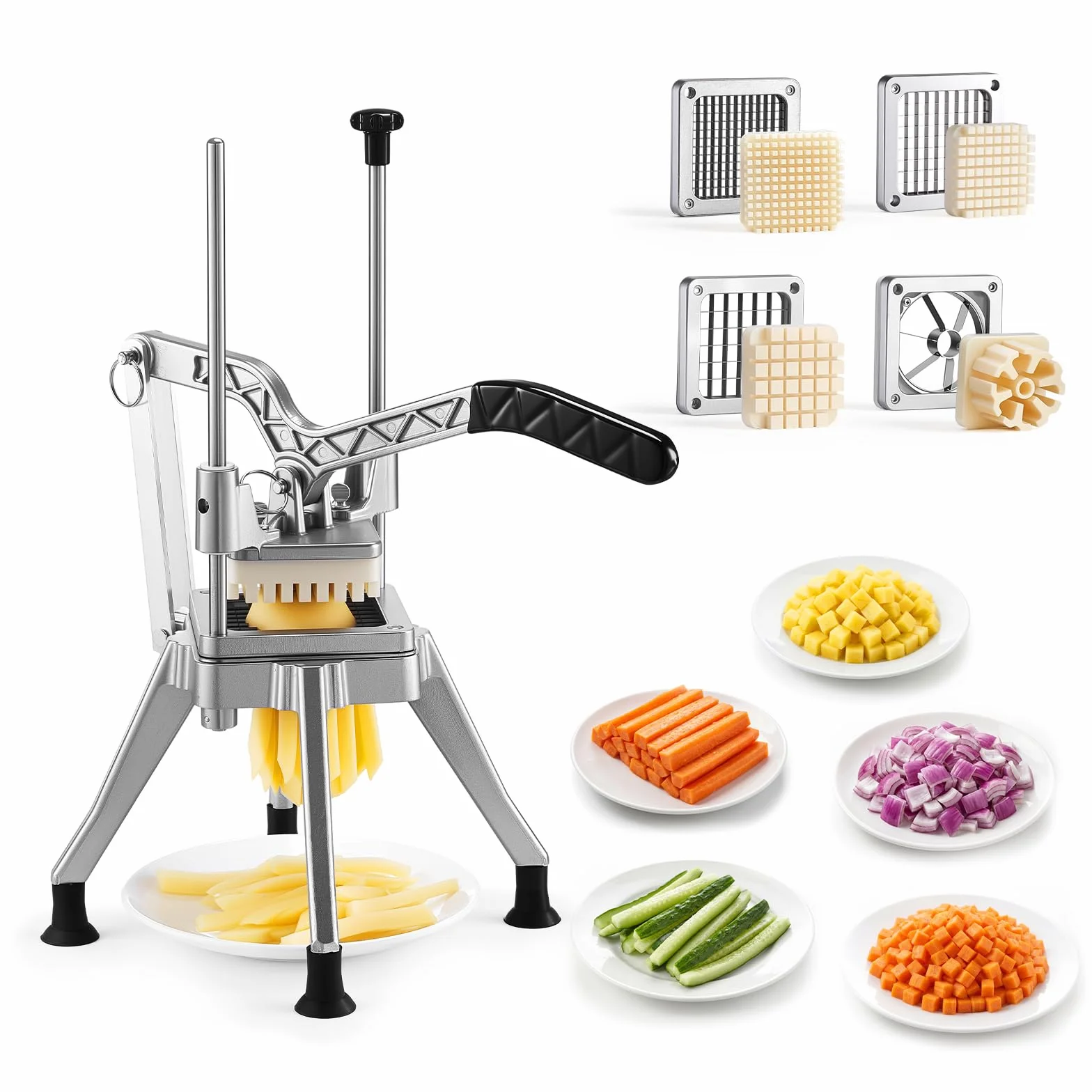 VEVOR Cortador de Patatas Fritas con 4 Cuchillas de Repuesto 1,3 cm, 0,9 cm, 0,6 cm y Descorazonador de 6 Cuñas, Cortadora de Verduras Soporte Estable en 4 Esquinas para Restaurantes, Cocinas