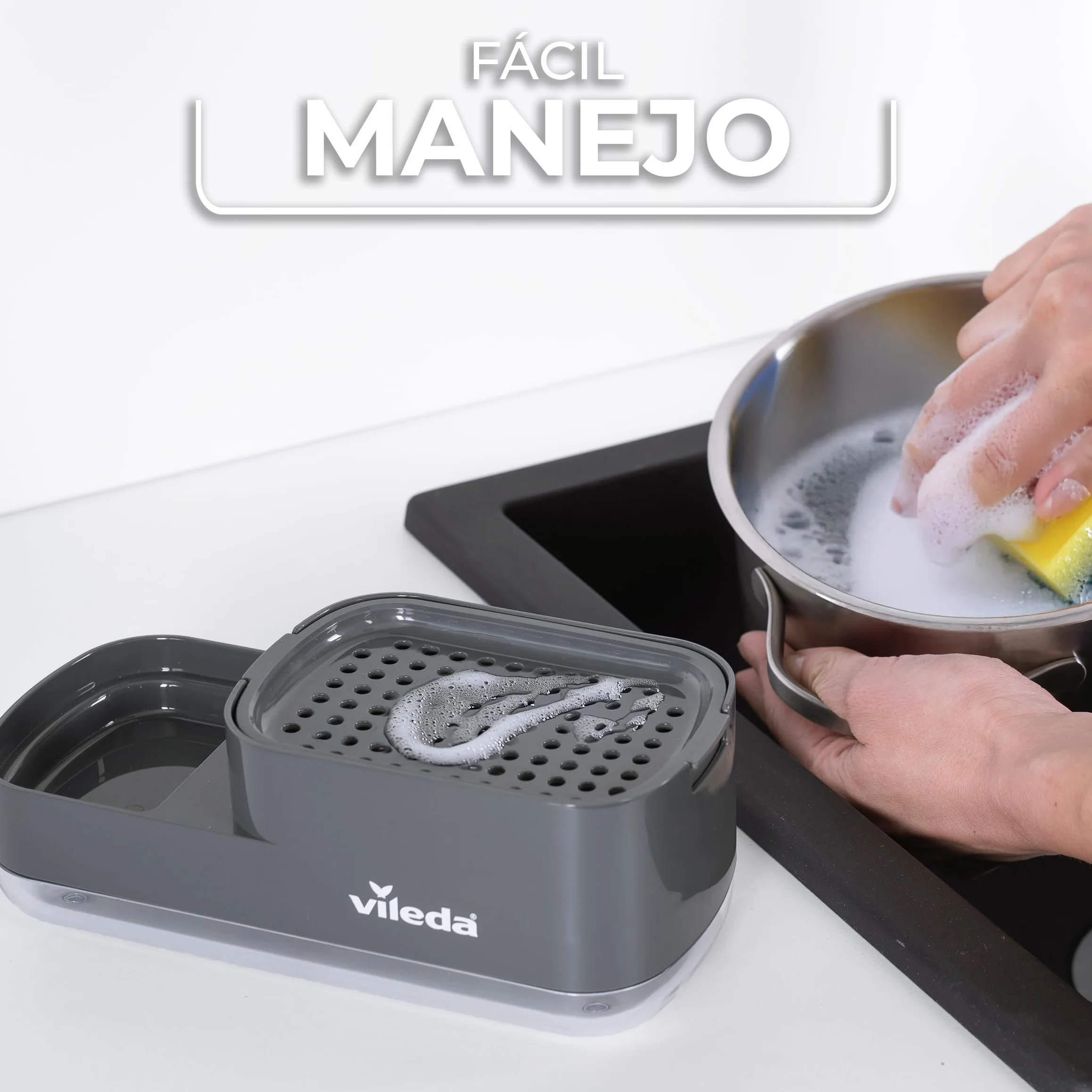 Vileda Dispensador de jabón para lavavajillas Pump con Soporte para Esponja. Práctica solución 2 en 1 para la Cocina. Dispensador de jabón Integrado para una fácil dosificación con una Sola Mano