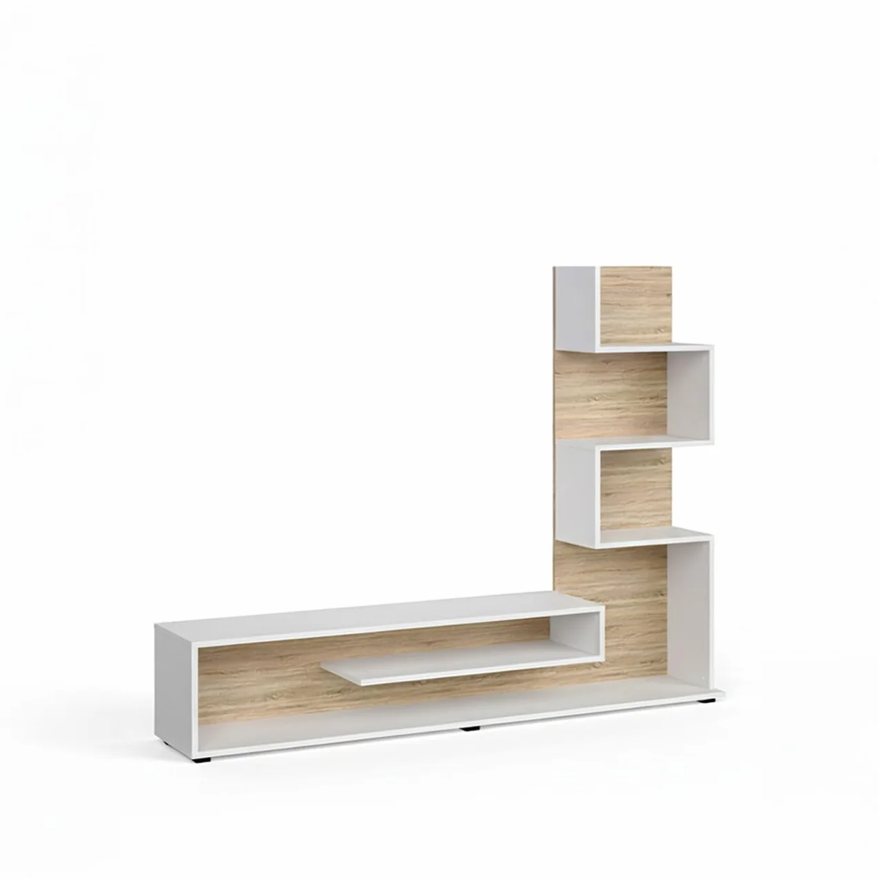 duehome | Mueble de Salón, Composición Modular de TV, Modelo Moobi 160, Acabado en Blanco y Roble Canadian, Medidas: 160 cm (Largo) x 29 cm (Fondo) x 124 cm (Alto)
