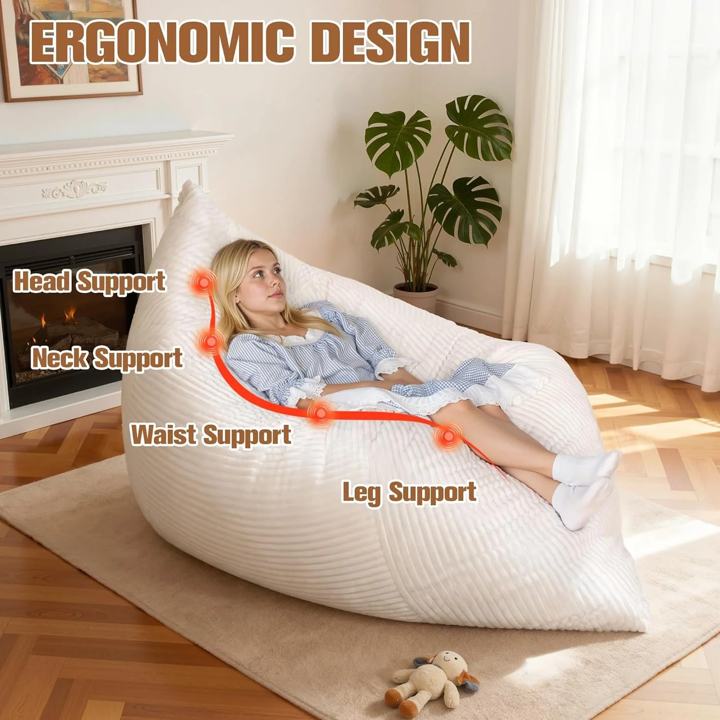 NALONE Puff Salon con Relleno Incluido de Lujo XXXL, 4-en-1 Sofa Puf Gigante Sillón De Bean Bag De 195 cm, Piso con Cubierta De Franela Y Lavable para Dormitorio Y Salón (Blanco)