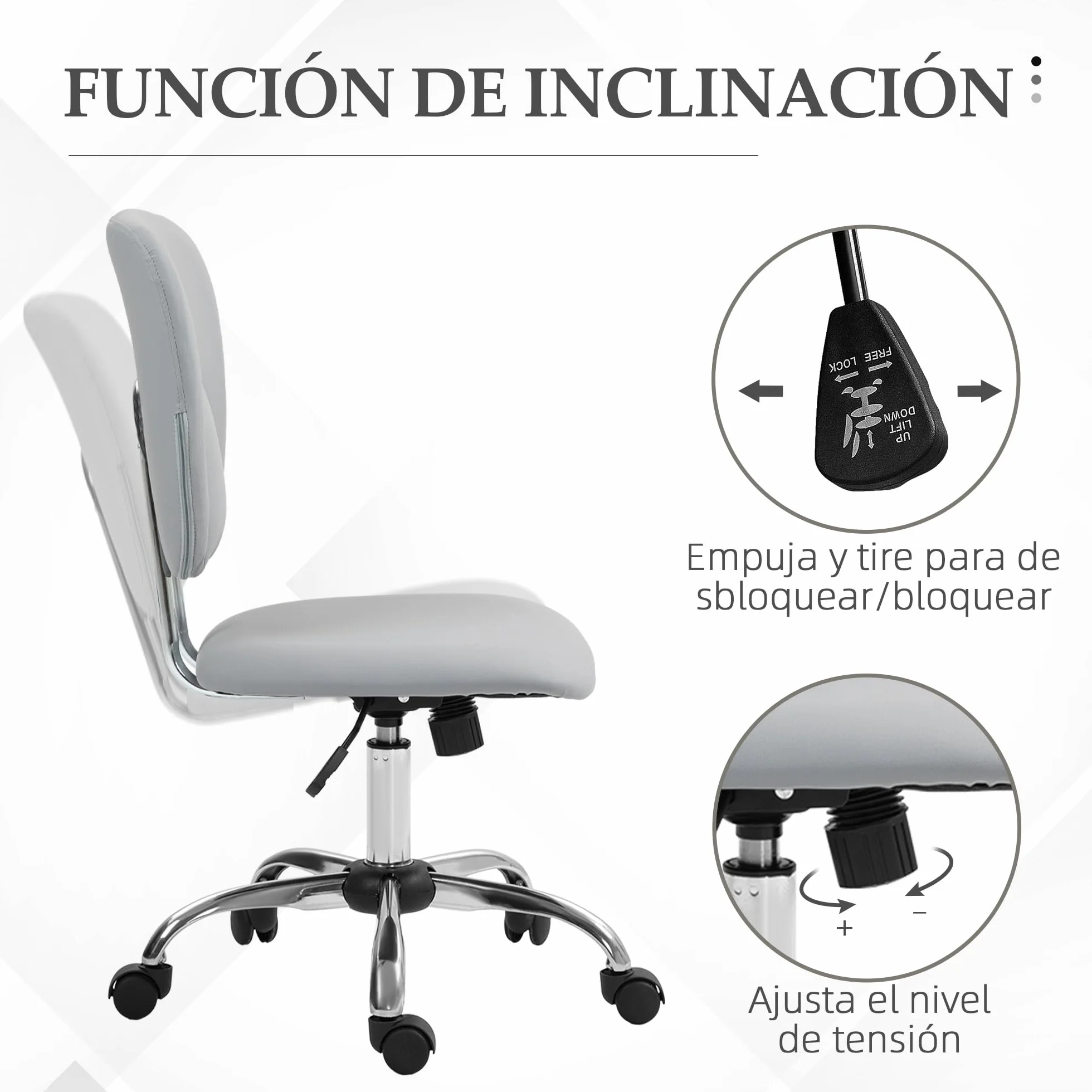 Vinsetto Silla de Oficina sin Reposabrazos Escritorio Juvenil Altura Ajustable Inclinación Carga 120 kg 50x54x87,5-96,5 cm Gris Claro