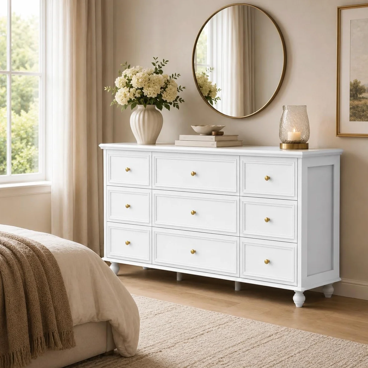 Aparador de sala de estar, cómoda con 9 cajones, mueble de almacenamiento versátil para pasillo, dormitorio y sala de estar, blanco, asas doradas, MDF, 160 × 40 × 80 cm