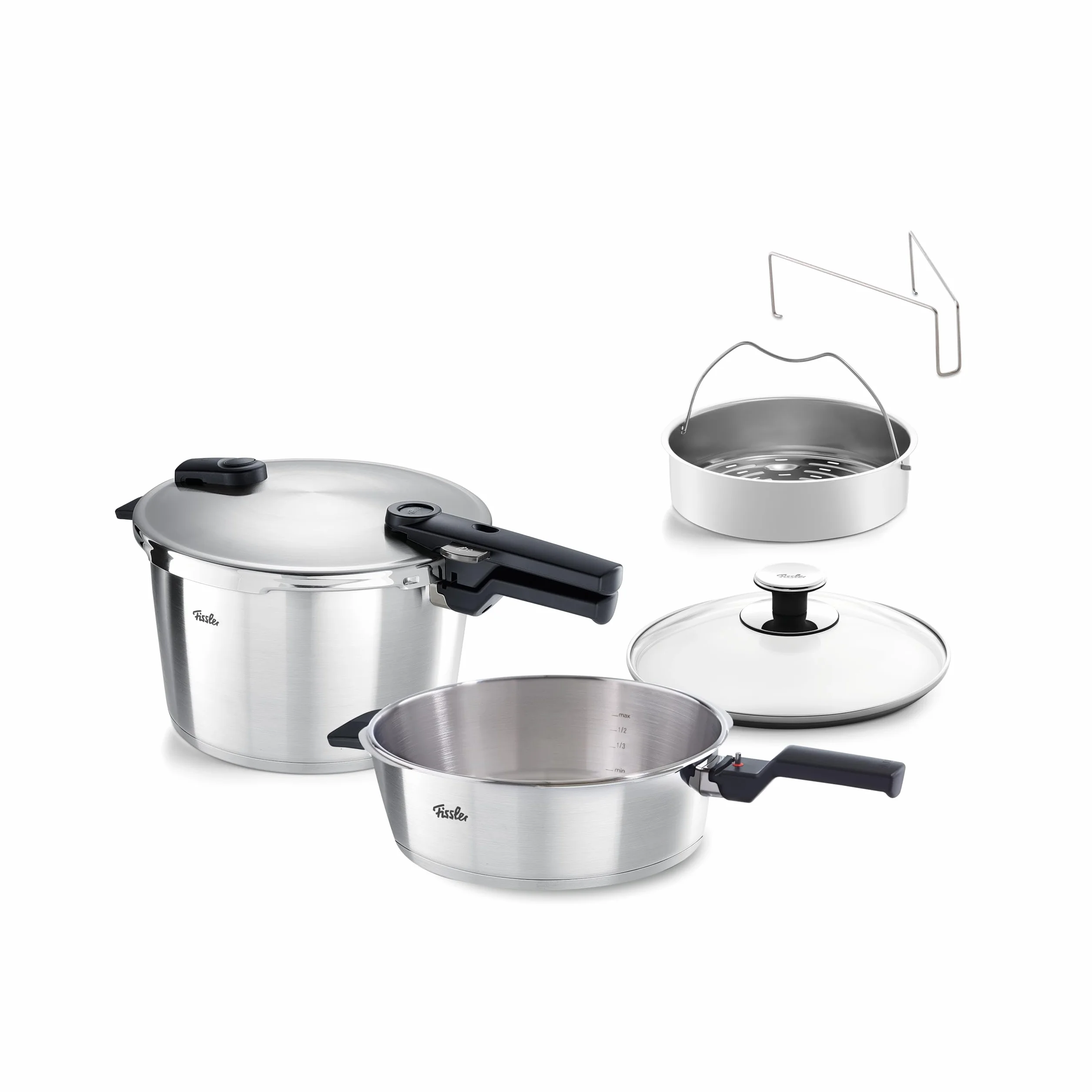 Fissler Vitaquick Premium - Juego de 2 ollas a presión (26 cm de diámetro, olla a presión de 8 l + sartén a presión de 4 litros) con inserto, tapa de cristal adicional, 2 niveles de cocción, fabricado