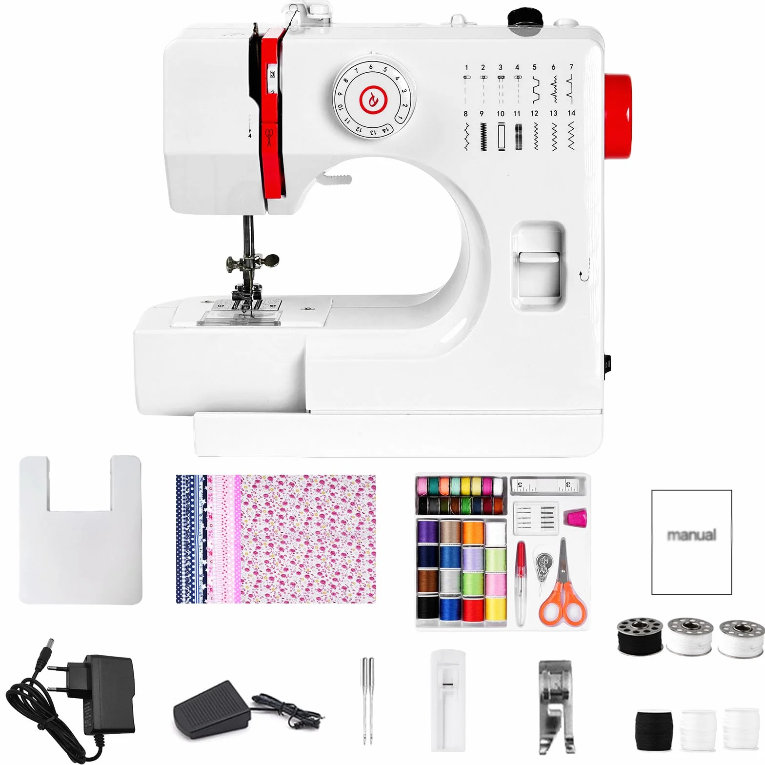 728 MáQuina De Coser Multifunción, 14 Puntadas Diferentes, Máquina Coser Portátil para Principiantes y Niños Fácil Uso con luz LED, Kit de Costura y Gran Mesa de Costura