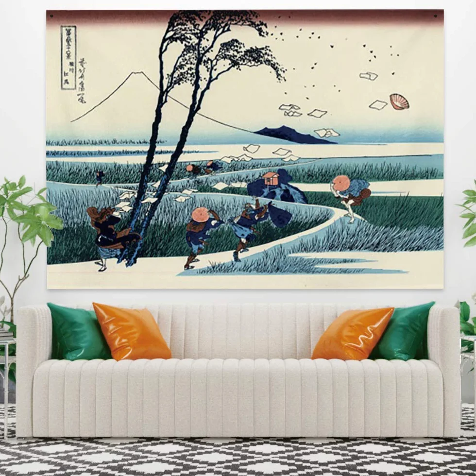 YONGFOTO Tapiz Japones Ukiyo-e Monte Fuji 36 Vistas Habitación Colgar de la Pared Ejiri en la provincia de Suruga Mural Japonesa Pintura Hokusai Cuadro 100x70cm