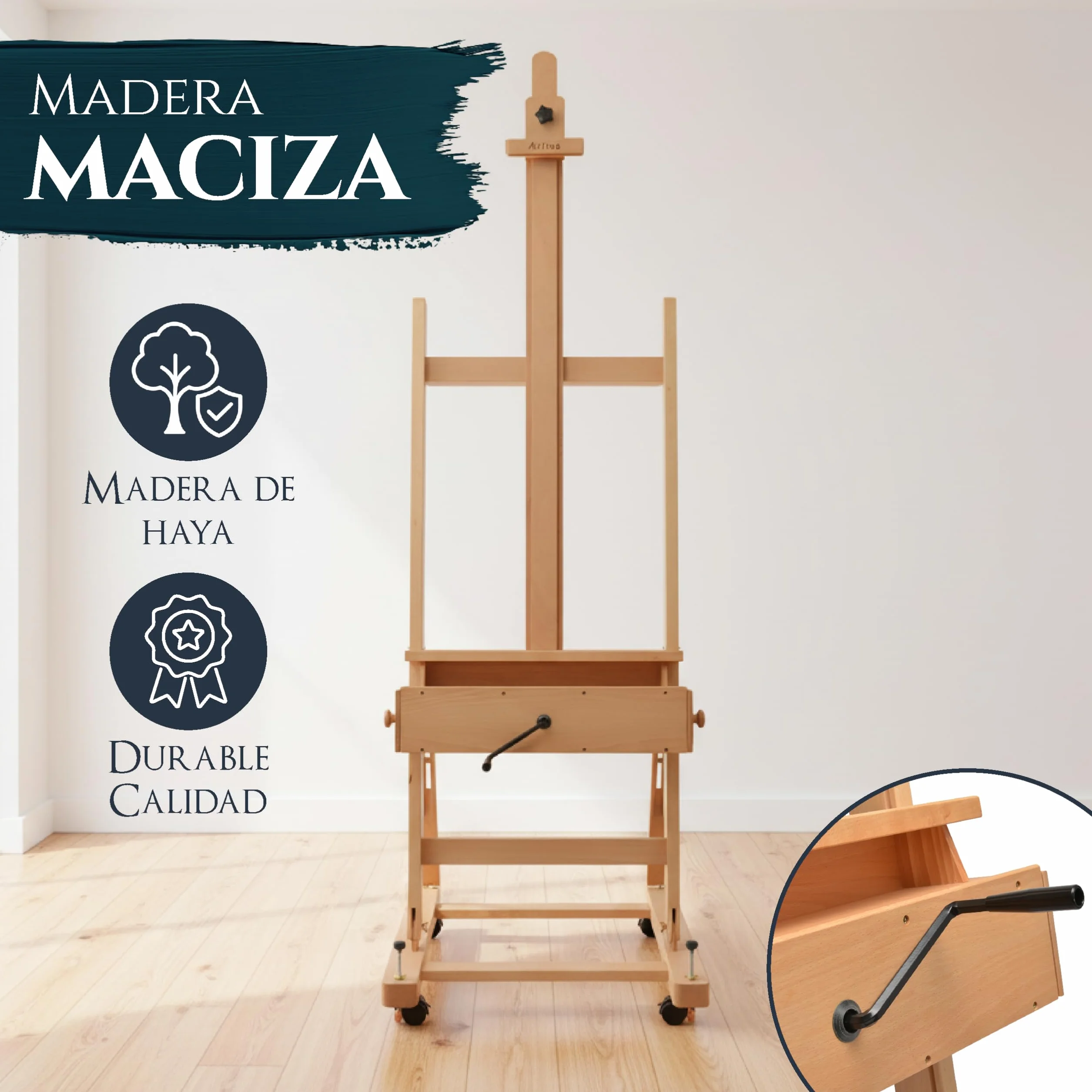 Artina Caballete de Pintura Profesional de Estudio con Ruedas Pisa - Caballete Profesional Madera Maciza de Haya - para Lienzos hasta 210cm de Altura con Cajones para Todos Sus Utensilios de Pintura