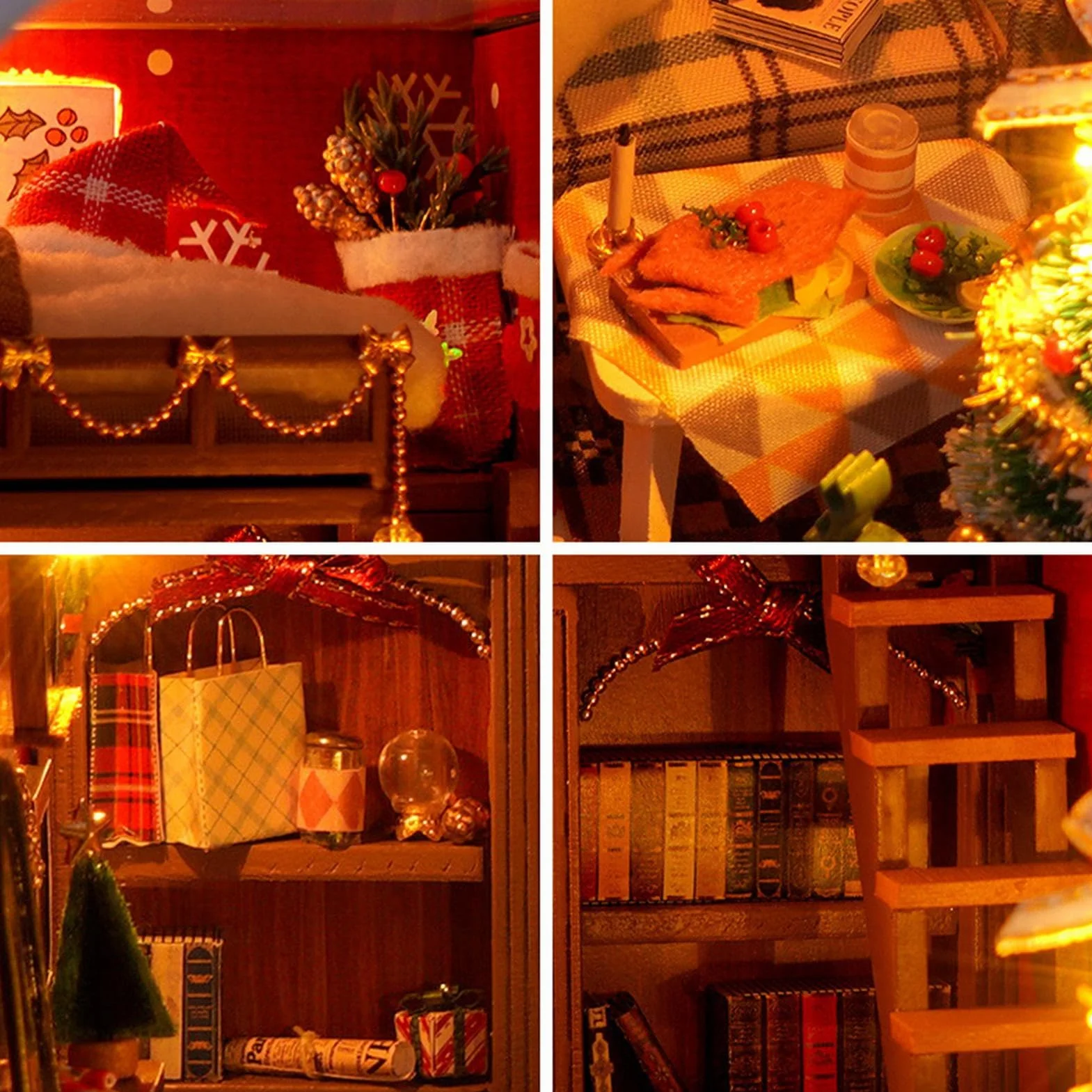 Kit de esquina de libro - Decoración de casa de Navidad, kit de decoración de estantes | Kit de construcción de casa en miniatura de madera, kit de sujetalibros miniatura decorativos, kit de casa en