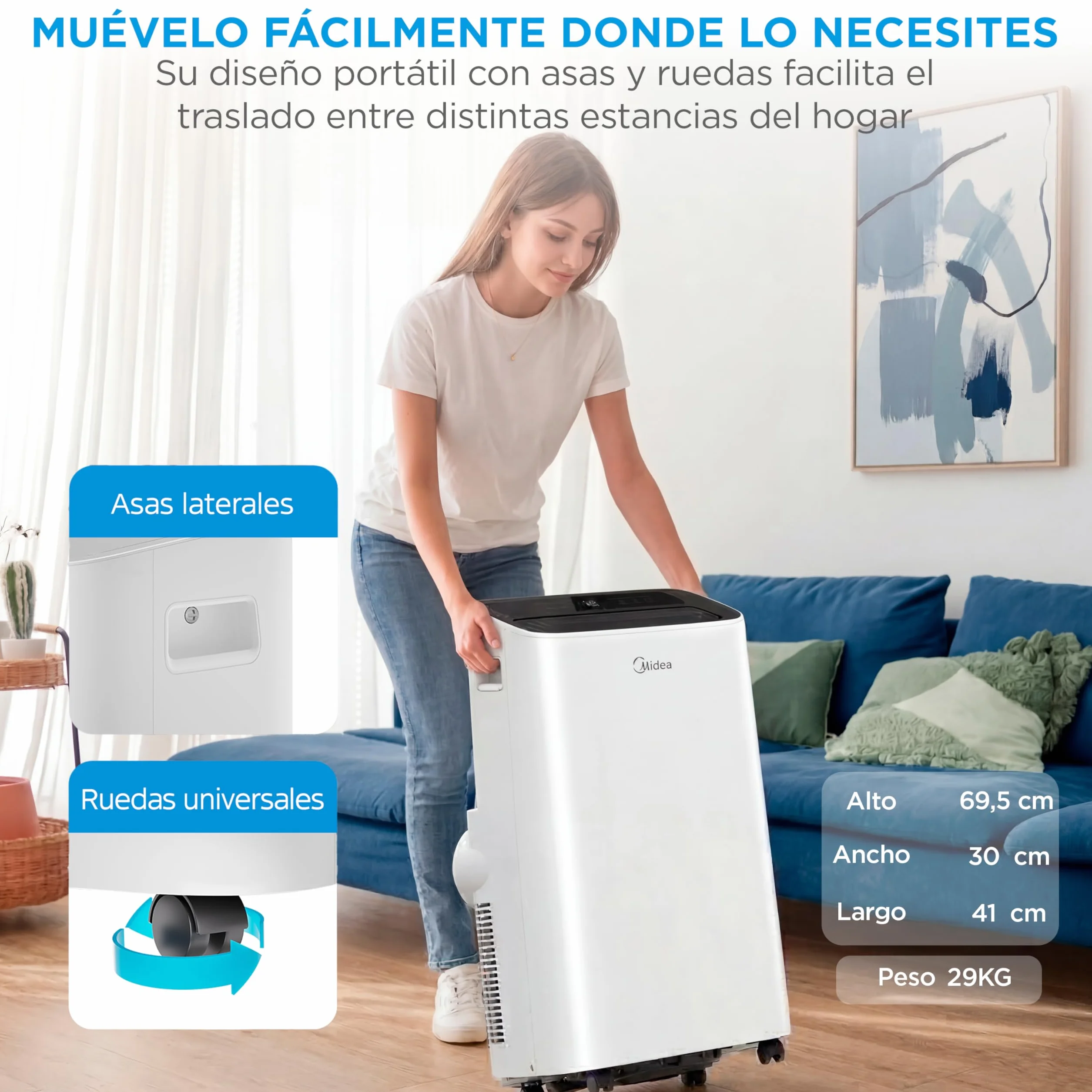 MIDEA Pingüino Aire Acondicionado Portátil 4 en 1 | 3000 Frigorías/12.000 BTU con Control por App | Climatizador y Deshumidificador hasta 35m2 - Modo Sleep, Mando a Distancia | Incluye kit de ventana