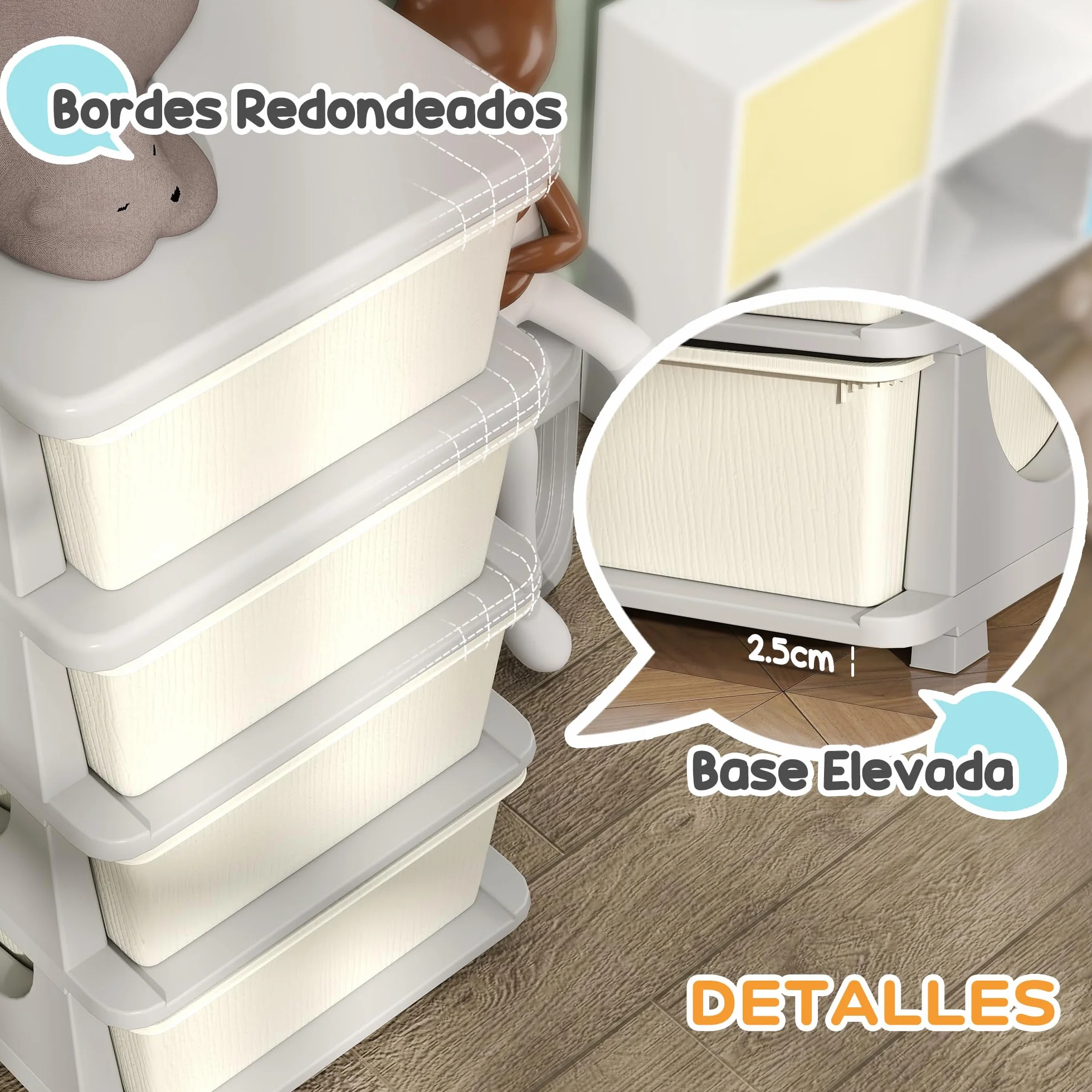 HOMCOM Torre de Almacenamiento Infantil con 4 Cajones, Organizador de Juguetes para Niños de +3 Años, con Bordes Redondeados y Asas, para Guardería, Sala de Juegos, Dormitorio, 37x37x76 cm, Crema