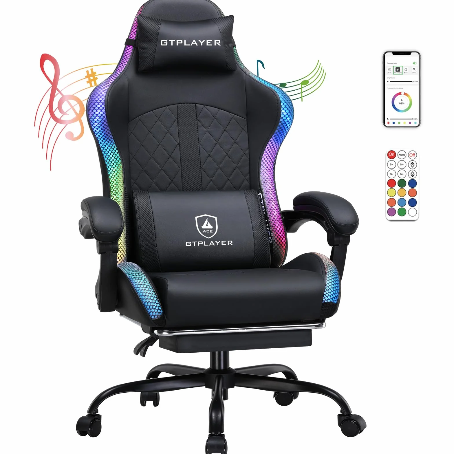GTPLAYER Silla de gaming, silla de oficina, silla de gaming con altavoz y barra de luz, silla gamer, respaldo con bolsa de almacenamiento, silla ergonómica de PC con mando a distancia