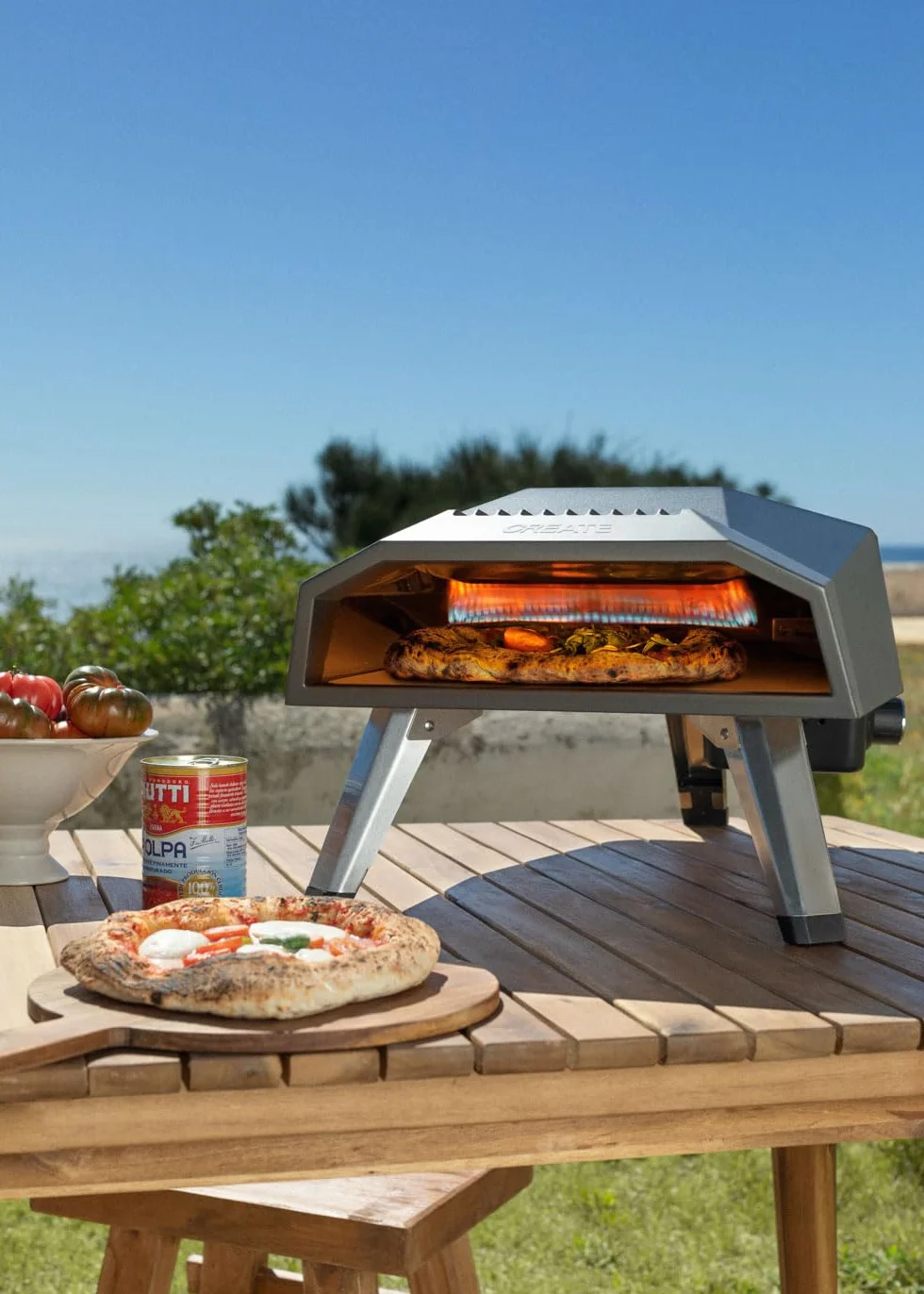 Horno de gas para pizzas portátil 12" Acero inoxidable y piedra patas plegables Flame-Out 500°C 30cm
