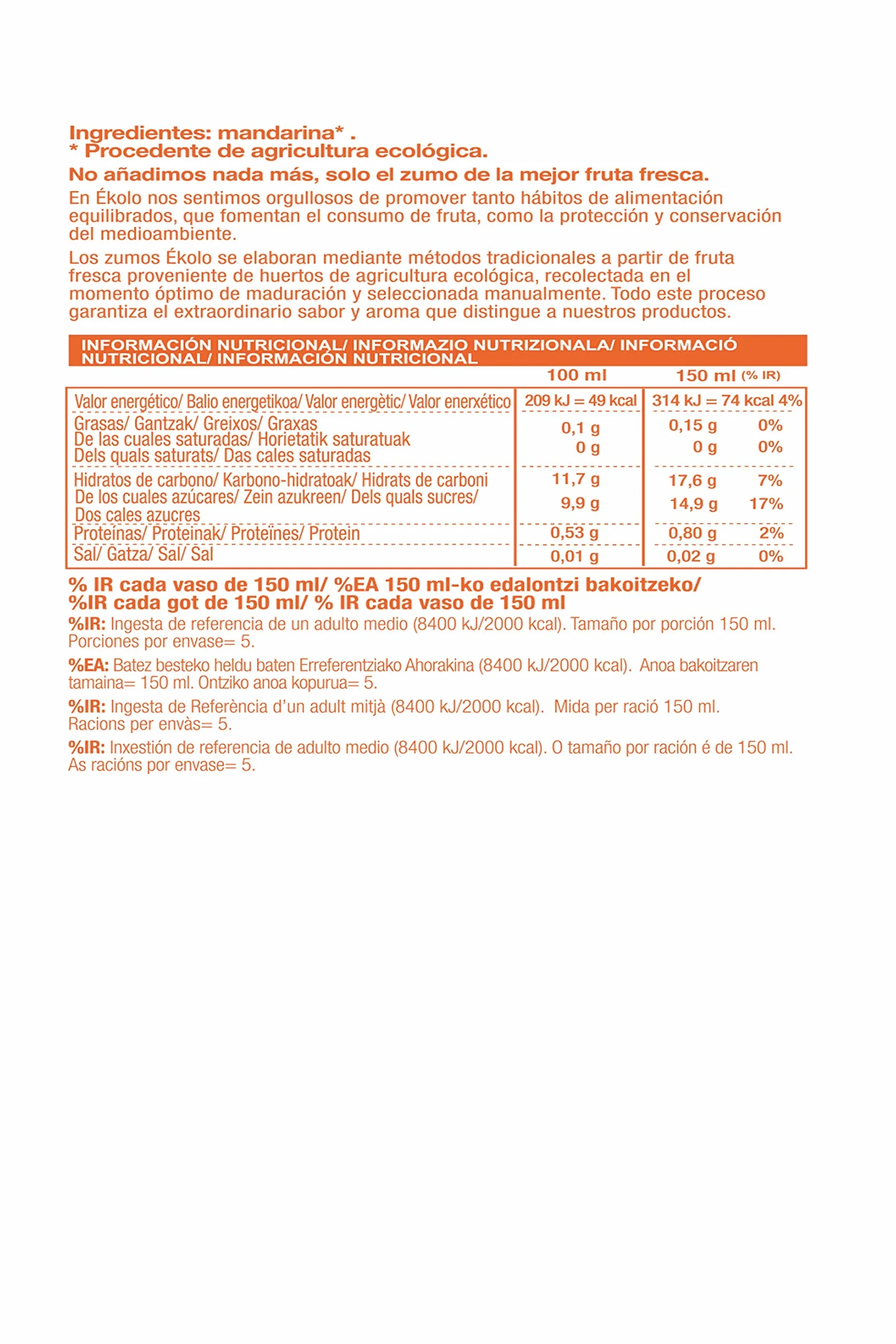 Ekolo Zumo de Mandarina Ecológico 100% Exprimido 6 x 750 ml
