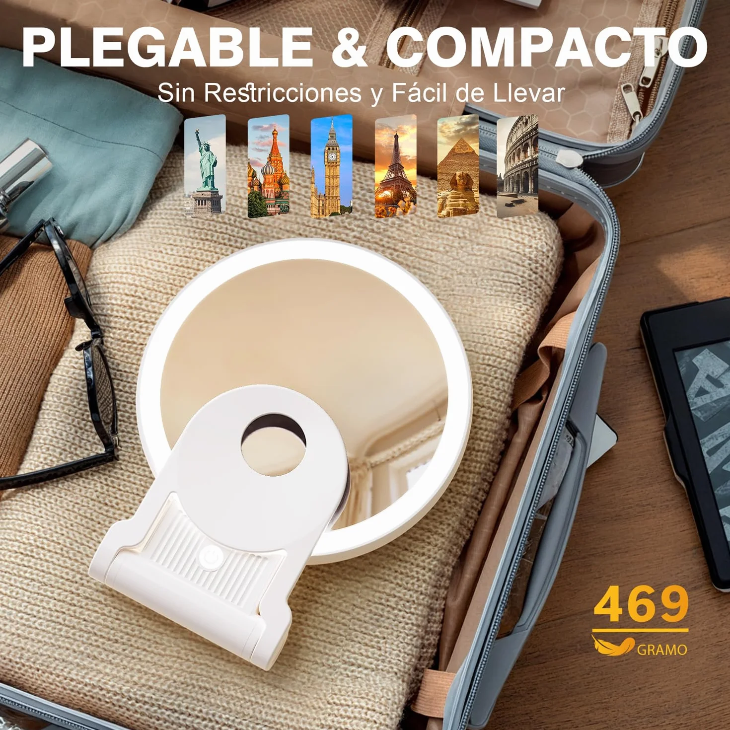 Espejo Maquillaje con Luz LED 30X/1X Aumento Doble Cara 72 Leds 3 Colores Regulable 2000mAh Recargable USB Colgable Pared Portátil Blanco
