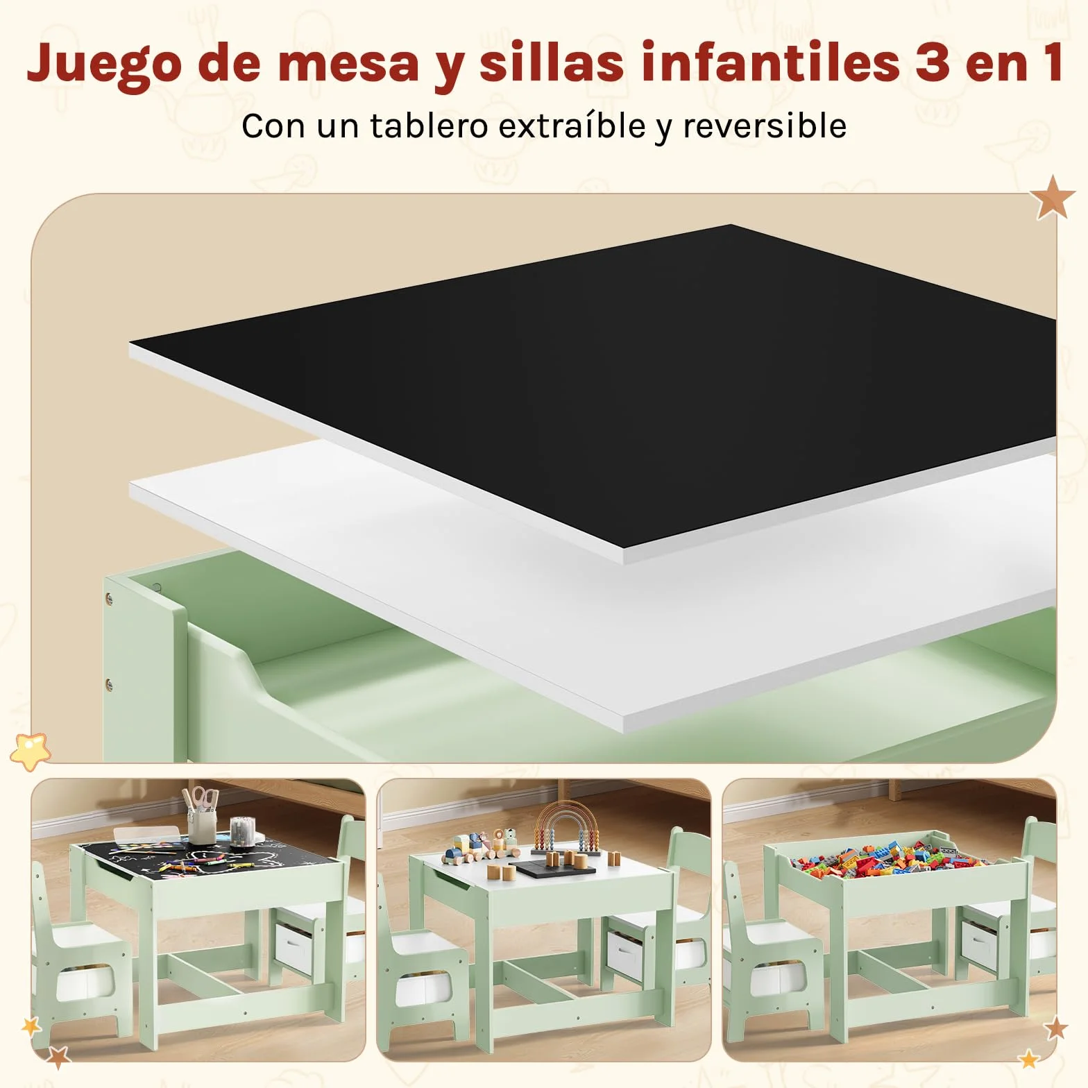 Mesa Infantil con 2 Sillas WOLTU, Mesa y Silla Niños con Almacenaje, Tablero Reversible, Madera, Verde + Blanco