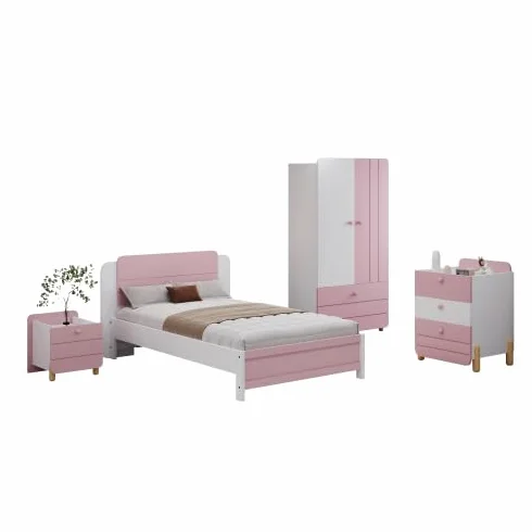 Dolamaní Juego completo de muebles para habitación juvenil, cama individual de 90 x 200 cm, mesita de noche con 3 cajones, 1 cajón, armario, cama, para niños y niñas (rosa)