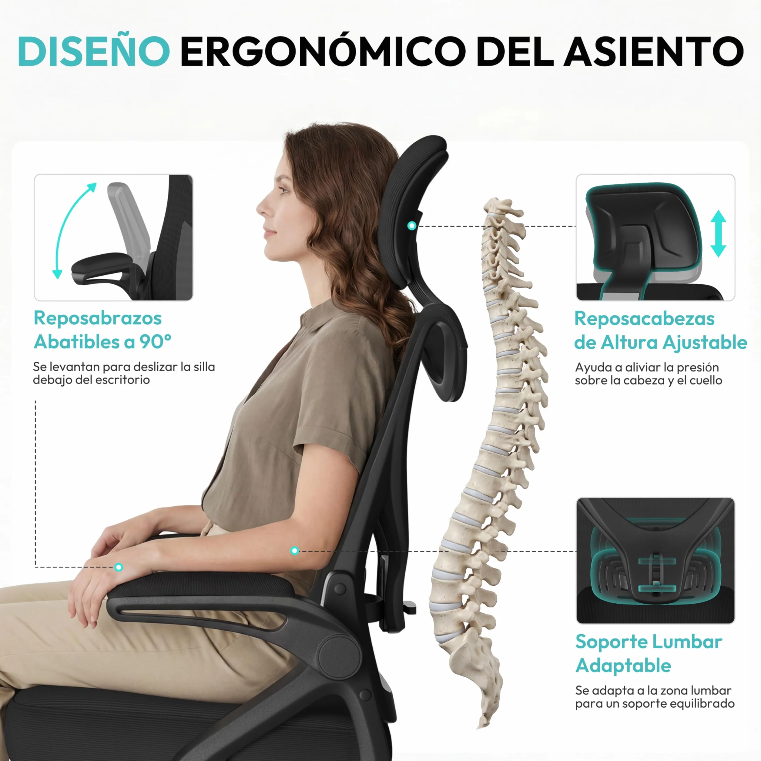 Yaheetech Silla de Oficina Ergonomica con Soporte Lumbar Ajustable Base Giratoria 70 cm Transpirable Negro