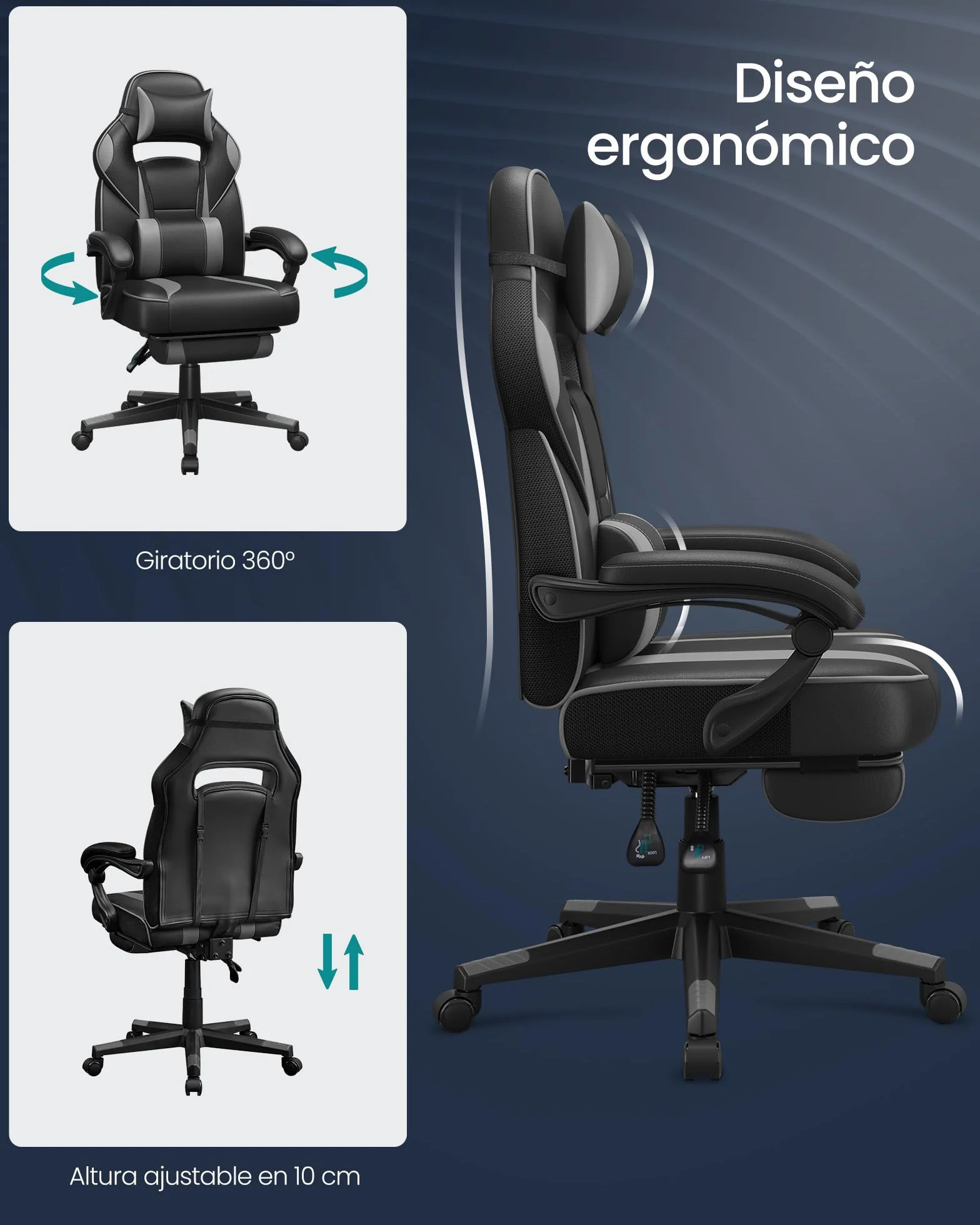 SONGMICS Silla de Oficina, Silla Gaming Ergonómica, con Reposapiés Telescópico, Respaldo Ajustable, Reposacabezas y Soporte Lumbar, Carga de 150 kg, Negro Tinta y Gris Paloma OBG073B03