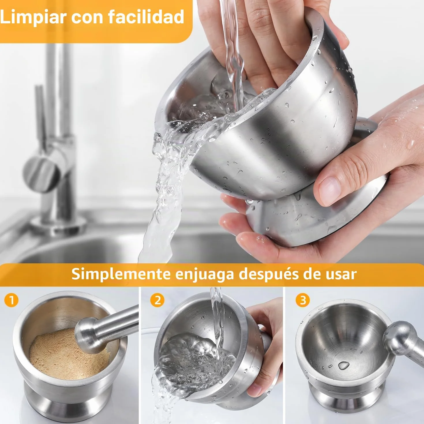 Sopito Mortero con mortero, 380 ml, de acero inoxidable, con tapa, cepillo, base antideslizante para moler hierbas, especias, píldoras, 11,7 cm de diámetro