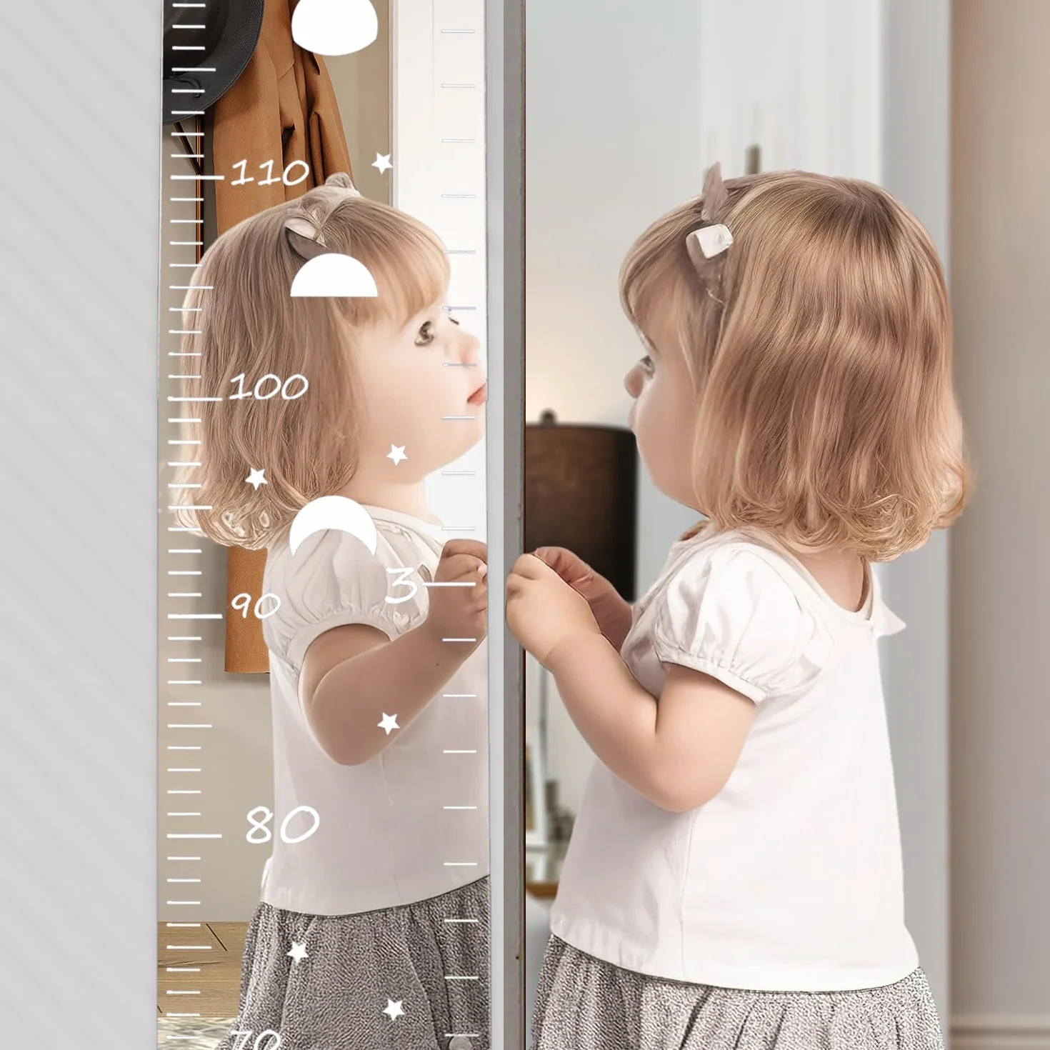 4 Espejos de Crecimiento, Espejo con Tabla de Crecimiento Regla de Pared para Niños Espejo de Altura para Registro de Altura de Niños Decoración de Pared para Dormitorio