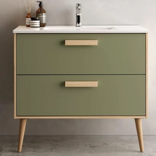 Aquore | Mueble de Baño con Lavabo Modelo Nordic 2 Cajones con Patas | Medidas 80 cm x 45 cm x 85 cm | Color Roble Natural Oliva | Conjunto de Baño | Mueble Decoración Baño | Sin Espejo