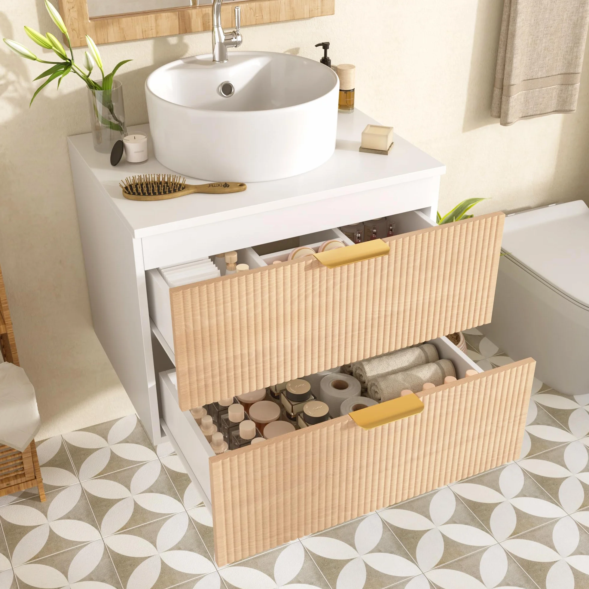 Armario de baño de 60 cm montado en la pared con lavabo de cerámica redondo, frentes de cajones con aspecto de madera con diseño de rayas simples, tablero MDF de alta calidad, gran capacidad de