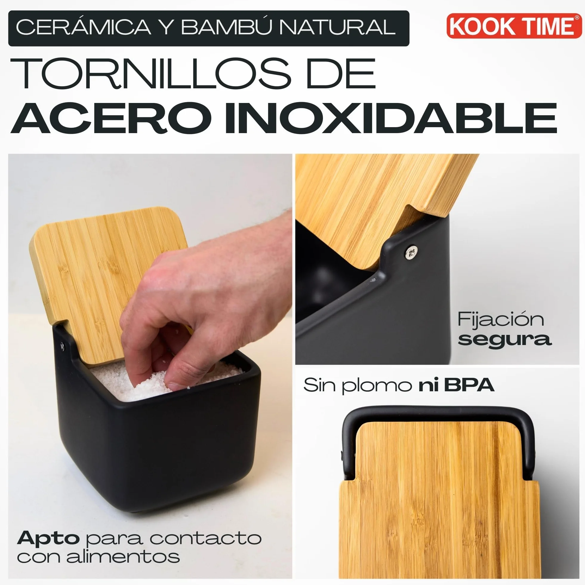 Salero de cocina con tapa de madera de bambú basculante negro cerámica mate 11.5 x 11.5 x 11.5 cm