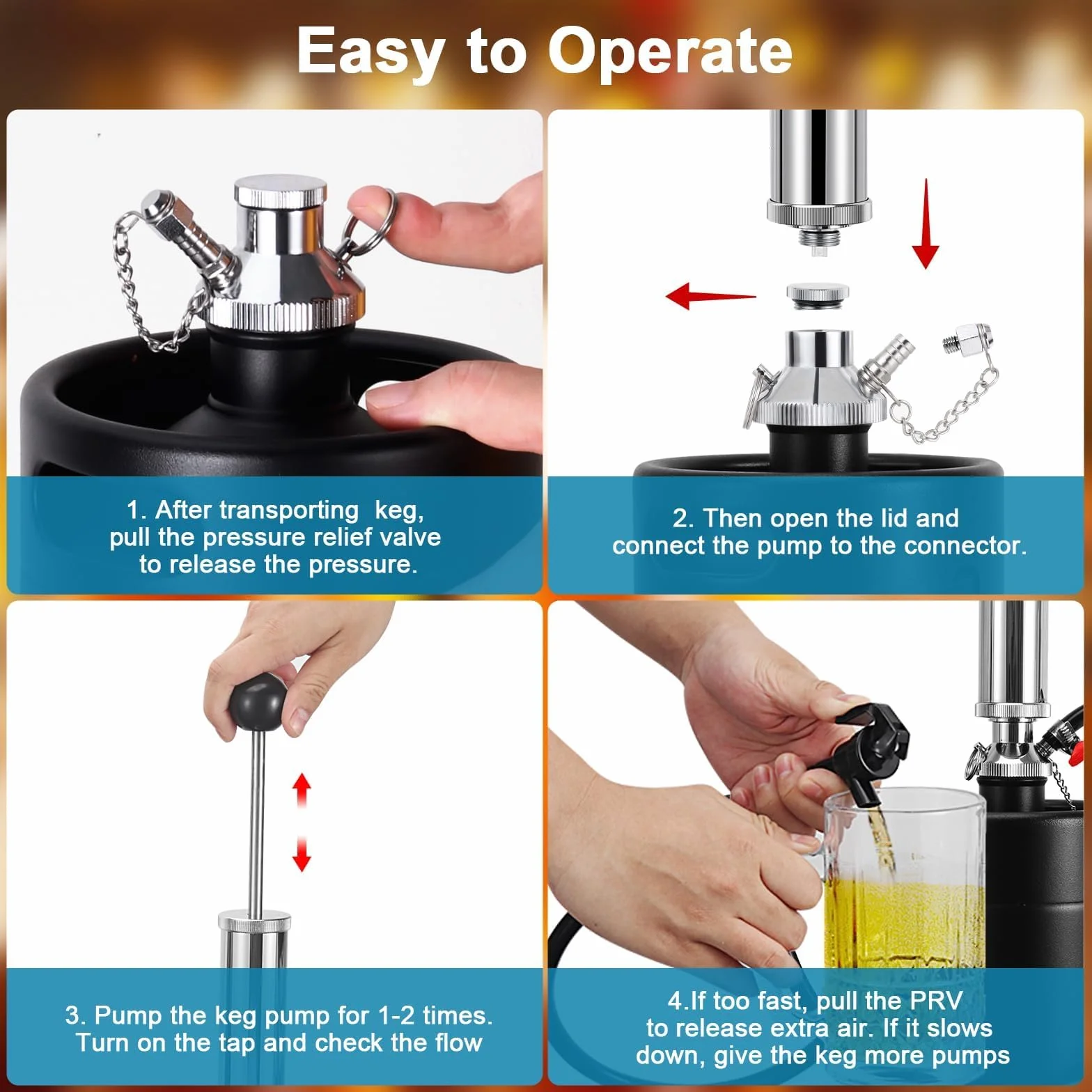 Grifo de barril de cerveza, bomba manual de latón resistente, bomba para fiestas, grifo de cerveza de 4 pulgadas para mini barril, Growler, sonda de acero inoxidable, dispensador de mini barril PRV