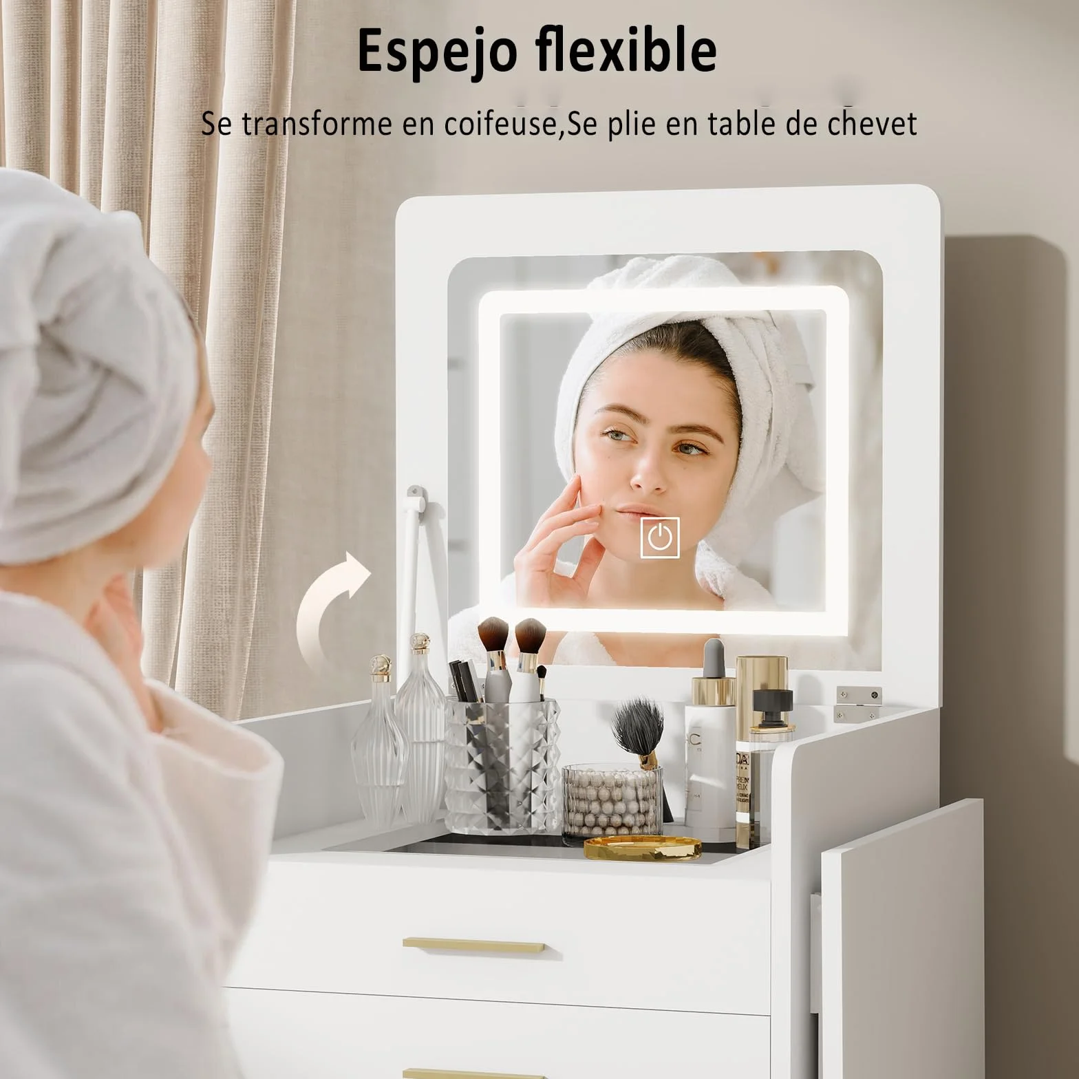 YU YUSING Tocador 3 en 1 con Espejo Abatible, Tocador con Taburete