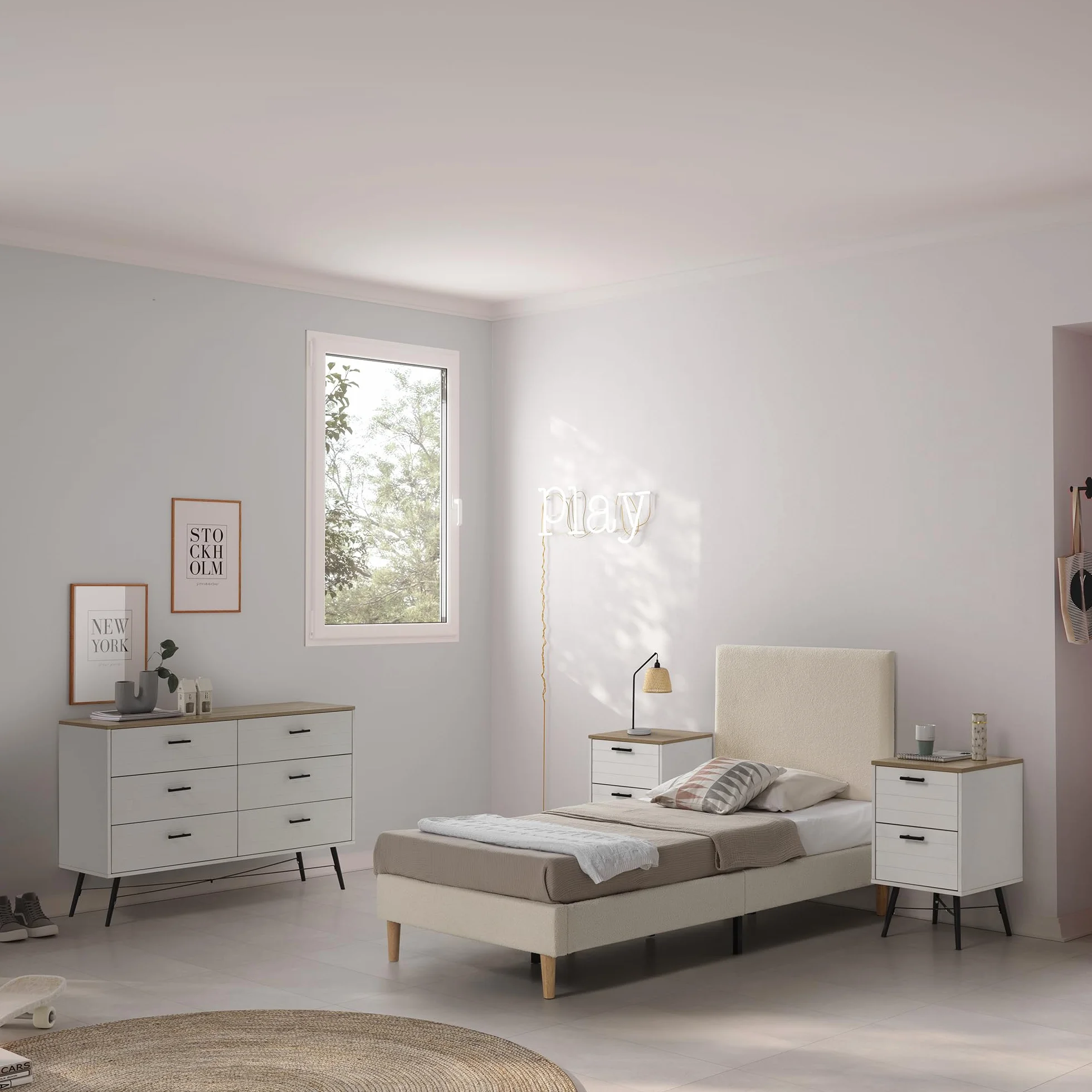 HOMN LIVING Base tapizada Niebla 90x190 cm Color Beige, somier tapizado, 30 cm Altura