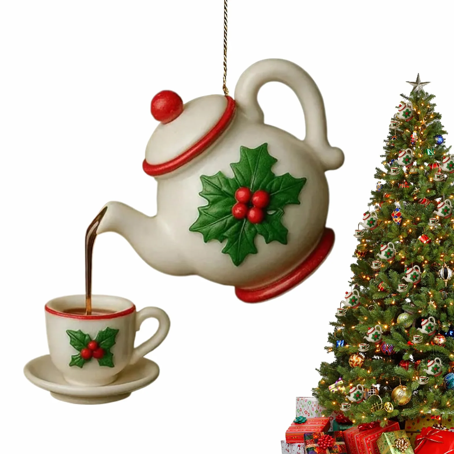 Juego de Adornos de Navidad para Árbol, Colgante de Tetera Acrílica 2D, Decoración Rústica para Hogar