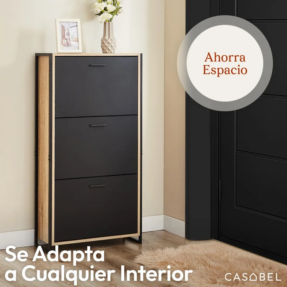 CASABEL Mueble Zapatero 18 Pares, 3 abatibles, Mueble Zapatero de Entrada con Estructura metálica Reforzada Negro, abatibles Madera Clara, instalación rápida, 23,5x63x119cm