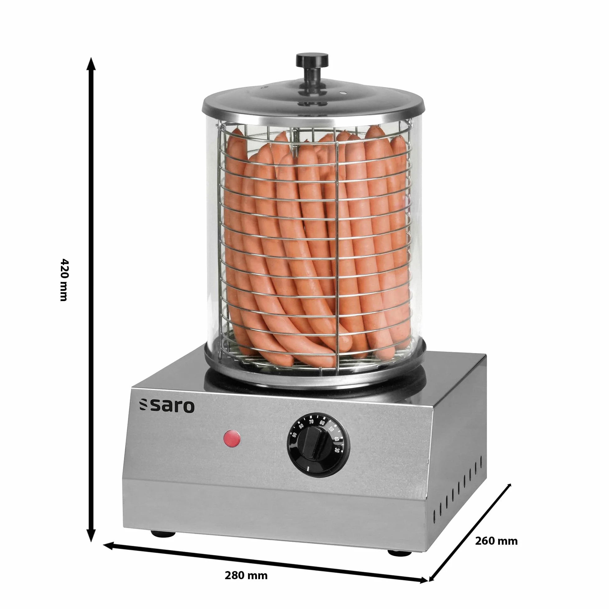 SARO CS-100 Máquina de perros calientes, cilindro de cristal, acero inoxidable, control temperatura 0-110°C, 280x260x420 mm, 1 kW