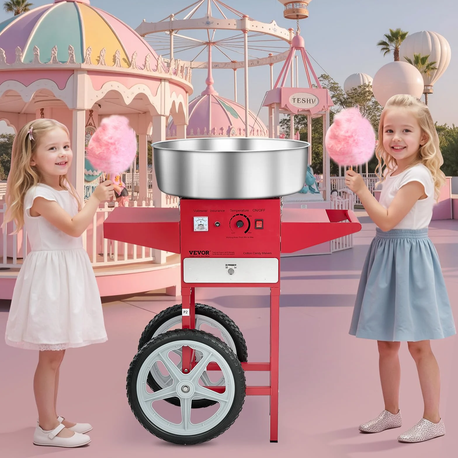 VEVOR Máquina Eléctrica de Algodón de Azúcar con Carro, 1000 W, con Recipiente de Acero Inoxidable de 52 cm, con Cuchara, para Hogar, Cumpleaños, Fiestas Familiares, Rojo, 819 x 520 x 855 mm