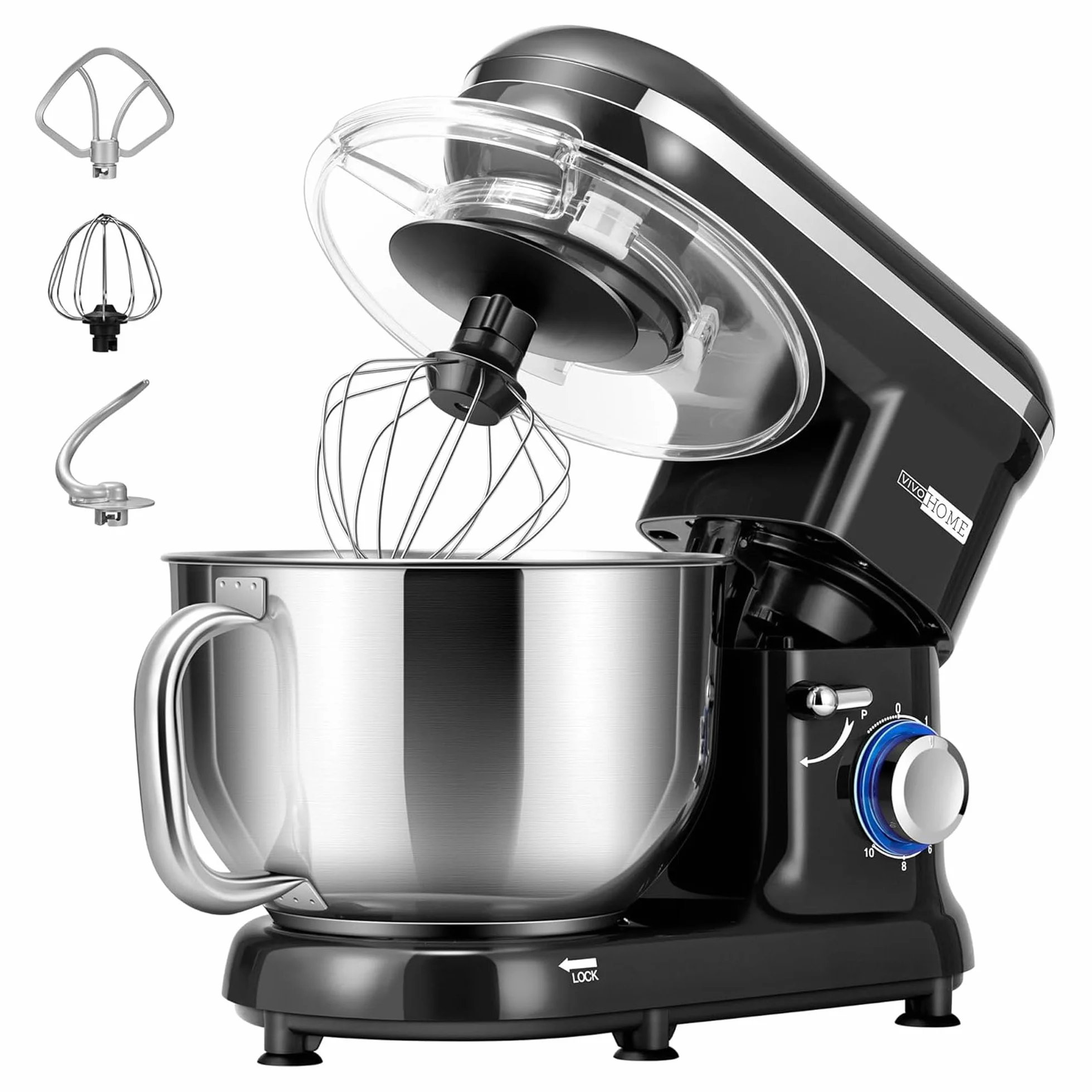 VIVOHOME Batidora Amasadora 10 Velocidades 1500W 5,7L para Repostería Profesional, Amasadora de Pan Varillas Multifunción Bol de Acero Inoxidable, Negro