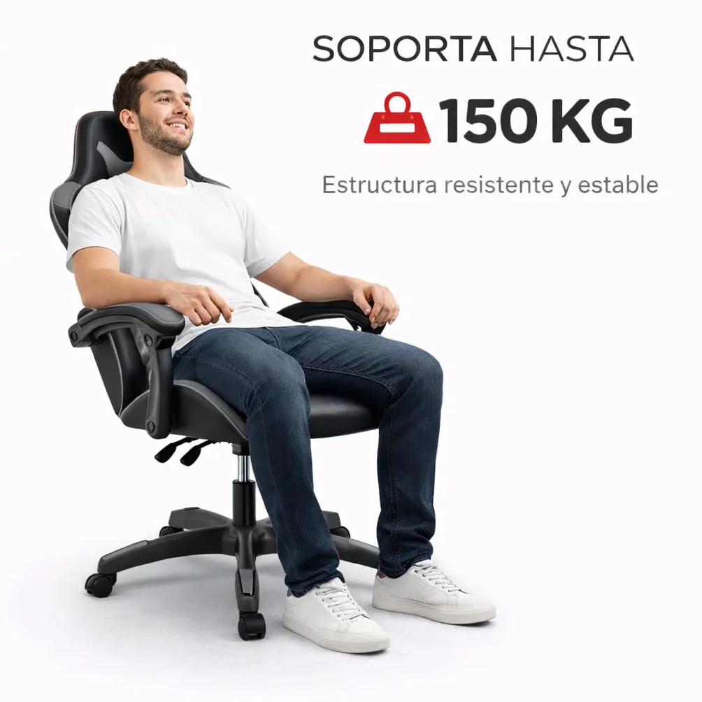 Silla Gaming Ergonómica Reclinable con Cojín Lumbar y Cervical, Altura Ajustable, Reposabrazos Acolchados, Ruedas 360°