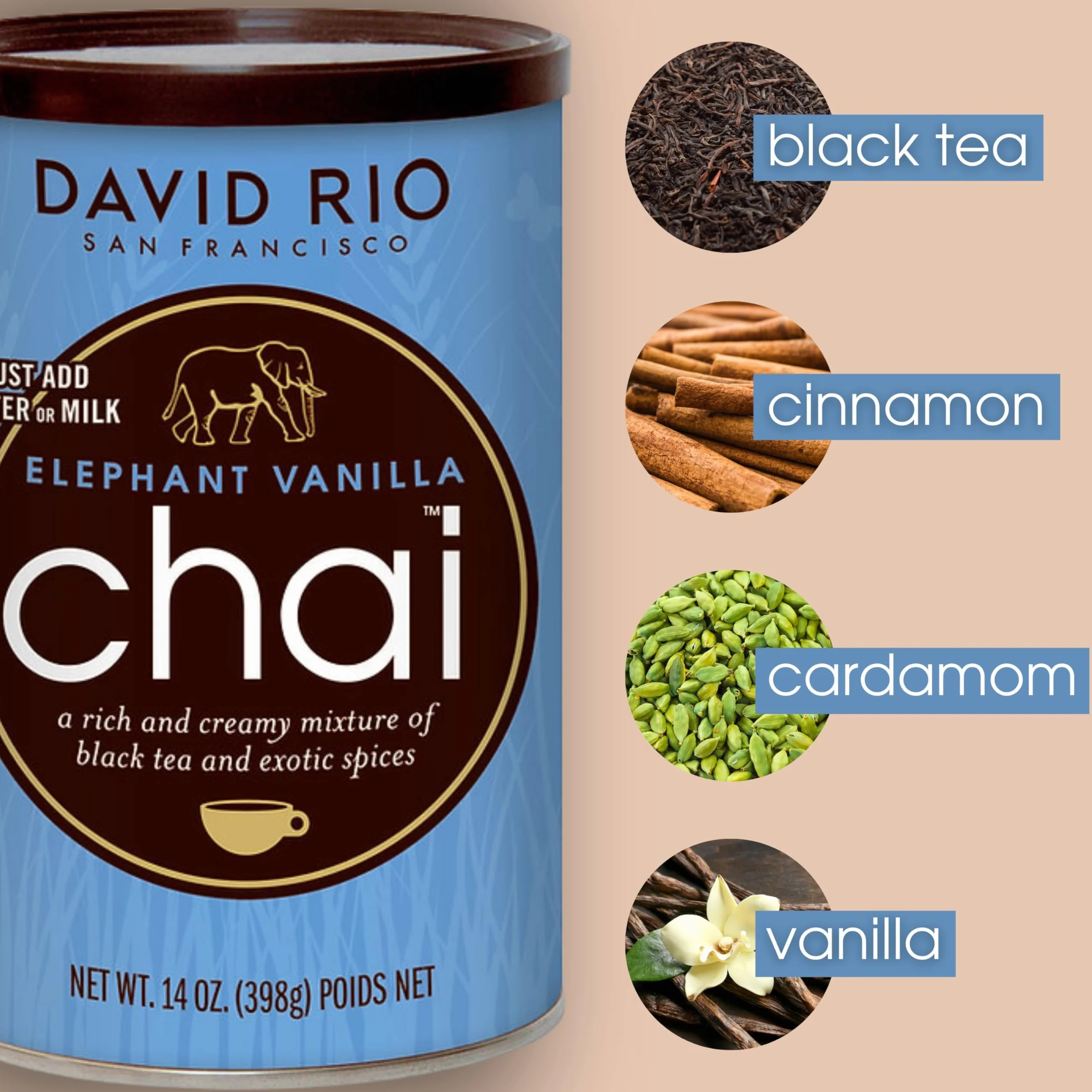 David Rio Chai Mix Elephant Vanilla 398g Instantánea Té Chai 1 Unidad