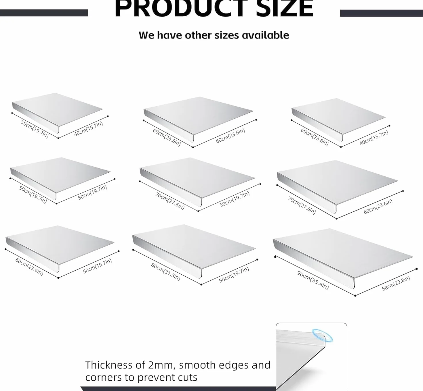 Placa de acero inoxidable para cocina de acero inoxidable, tabla de cortar inox, protección encimera cocina con borde de parada, tabla de amasar de acero inoxidable para pan y pizza (altura 2 cm) (60