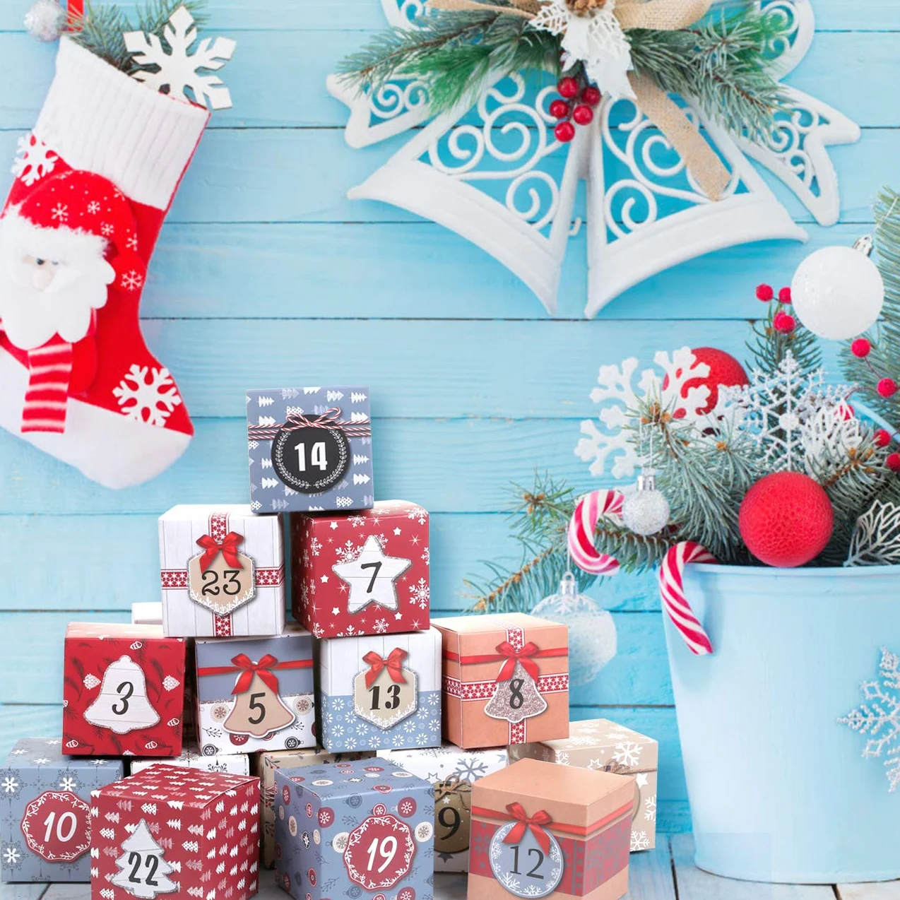 LIHAO Calendario de Adviento 24 Cajas Cuadradas Navidad Caja Regalos Papel Caramelos Dulces Galletas Chocolates DIY