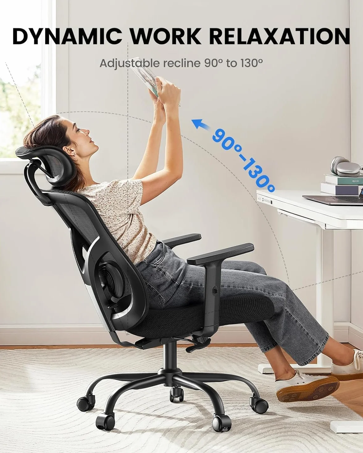 NOBLEWELL Silla de Oficina Ergonómica con Soporte Lumbar, Reposacabezas 2D, Reposabrazos Ajustable, Inclinación 130°