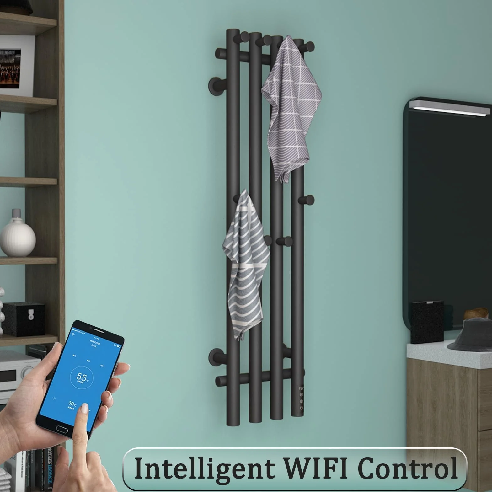 ESOP Radiador Toallero Eléctrico Baño Negro 100 W Radiador Calienta Toallas de Toallero, 950x257 mm WiFi Inteligente de Temperatura Constante Toallero Calentado para Baño, con 8 Ganchos